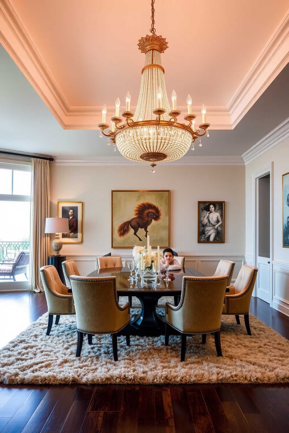 A statement chandelier with intricate detailing hangs from a high ceiling, casting a warm glow over the elegant dining table. The room features plush upholstered chairs surrounding the table, complemented by rich textures and a sophisticated color palette. The walls are adorned with tasteful artwork that enhances the luxurious atmosphere, while large windows allow natural light to fill the space. A plush area rug anchors the dining area, adding comfort and style to the overall design.