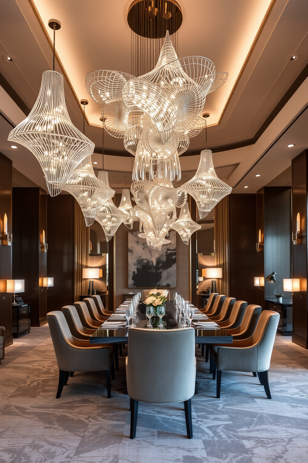 A luxury dining room featuring sculptural lighting fixtures that serve as stunning art pieces. The room is adorned with a long, elegant dining table surrounded by plush upholstered chairs, creating an inviting atmosphere for gatherings.