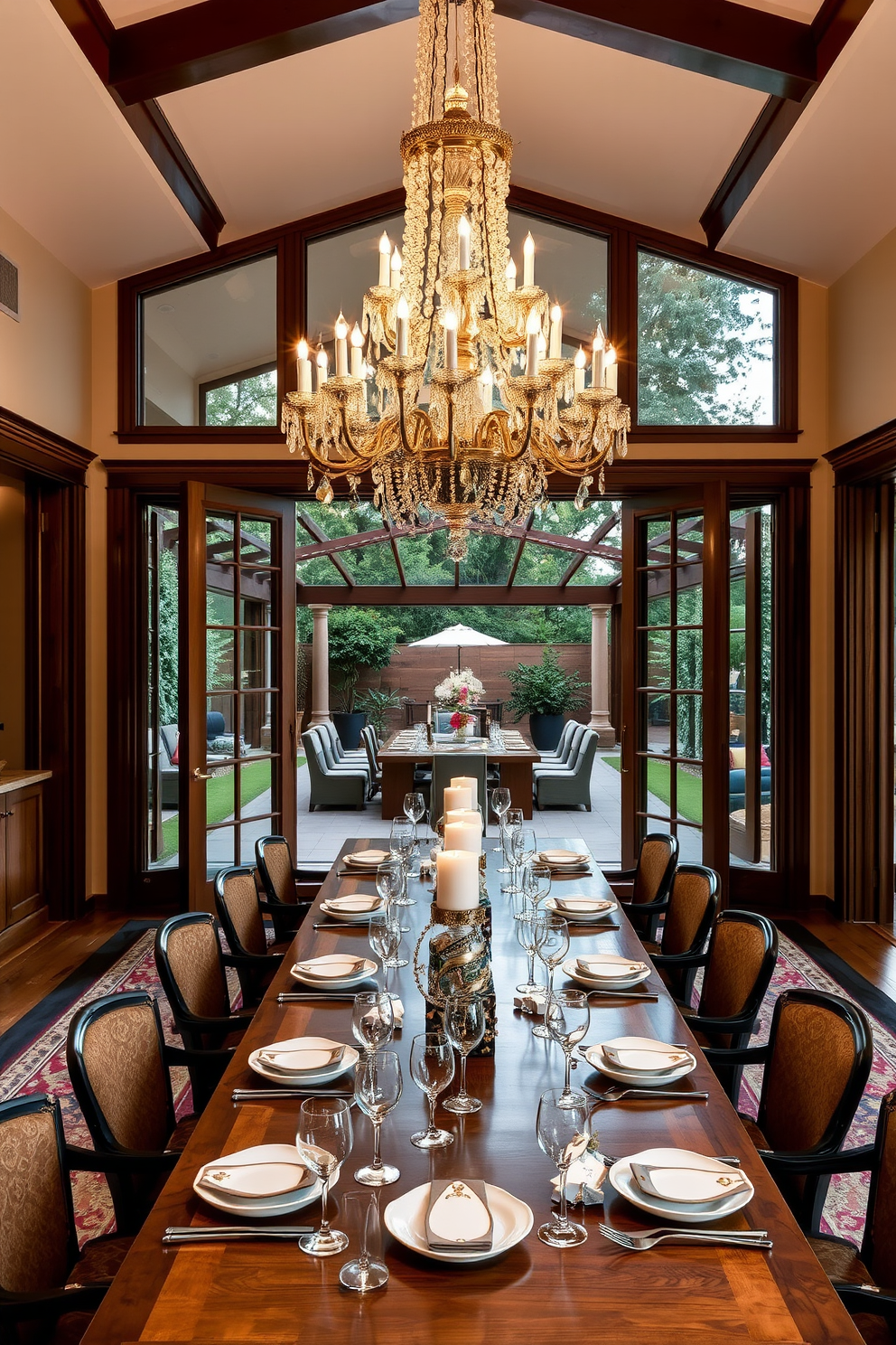 A luxury dining room features elegant glass doors that open to an outdoor dining area, seamlessly blending indoor and outdoor spaces. The room is adorned with a stunning chandelier that hangs above a long wooden dining table set with fine china and crystal glassware.