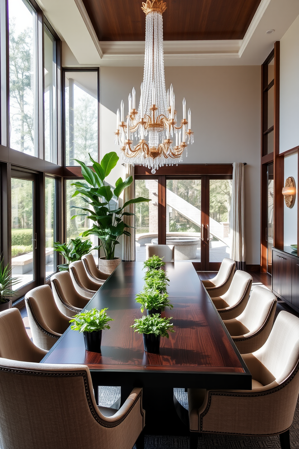 A luxury dining room features a long elegant table made of dark wood surrounded by plush upholstered chairs. Large windows allow natural light to flood the space, highlighting a stunning chandelier that hangs above the table. Indoor plants are strategically placed throughout the room to enhance the fresh ambiance. A tall fiddle leaf fig stands in the corner, while smaller potted herbs adorn the dining table, adding a touch of greenery and life.