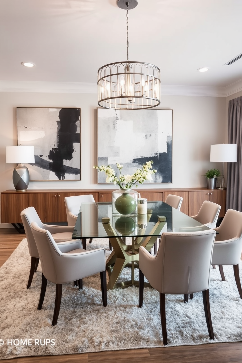 A contemporary dining room features a sleek glass table surrounded by elegant upholstered chairs in muted tones. The walls are adorned with large contemporary abstract art pieces that add a modern flair, while a statement chandelier hangs above, illuminating the space. The room's color palette consists of soft grays and whites, complemented by natural wood accents. A plush area rug anchors the dining area, enhancing the overall sophistication and inviting atmosphere.