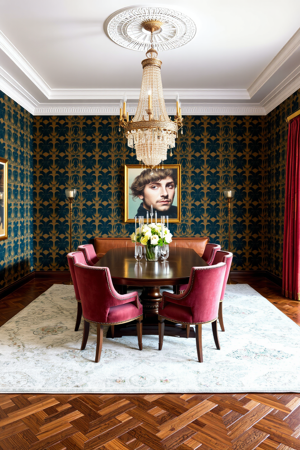 A luxury dining room featuring bold patterned wallpaper that creates a striking focal point. The room is furnished with an elegant wooden dining table surrounded by plush upholstered chairs in rich colors. Chandeliers with intricate designs hang from the ceiling, casting a warm glow over the space. A large area rug anchors the room, complementing the wallpaper and adding texture underfoot.