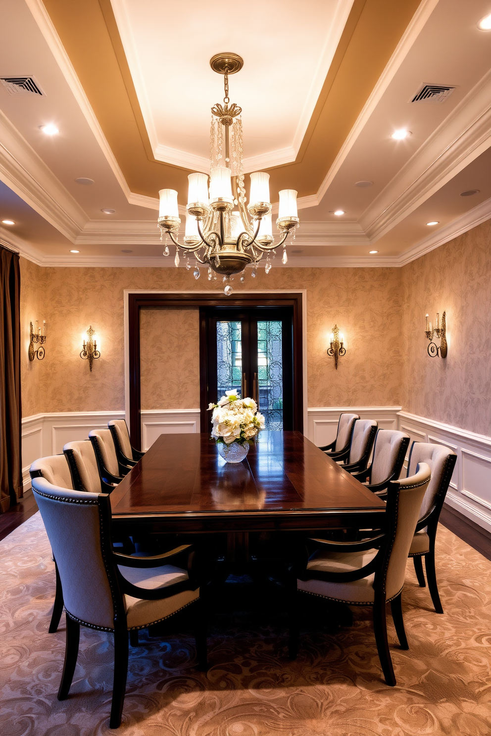 A luxurious dining room featuring a large rectangular table made of dark wood surrounded by plush upholstered chairs. The walls are adorned with elegant wallpaper in a soft cream tone, and a stunning chandelier hangs above the table, providing warm ambient lighting. Custom lighting design includes dimmable recessed lights strategically placed to enhance the room's atmosphere. Wall sconces with intricate designs add a touch of sophistication while providing additional soft lighting for intimate dinners.