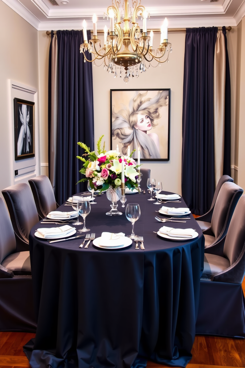 Elegant table linens for a polished look. The table is set with a rich navy blue tablecloth that drapes elegantly to the floor, complemented by crisp white dinnerware and gleaming silver cutlery. The centerpiece features a stunning arrangement of fresh flowers in a crystal vase, surrounded by soft candlelight. Plush upholstered chairs in a coordinating shade invite guests to sit and enjoy a sophisticated dining experience. Luxury Dining Room Design Ideas. The room boasts an ornate chandelier that casts a warm glow over the space, enhancing the rich textures of the velvet curtains and silk drapes. A statement art piece adorns the wall, adding a touch of personality and elegance to the overall design. The flooring is a polished hardwood, providing a classic foundation for this upscale dining environment.