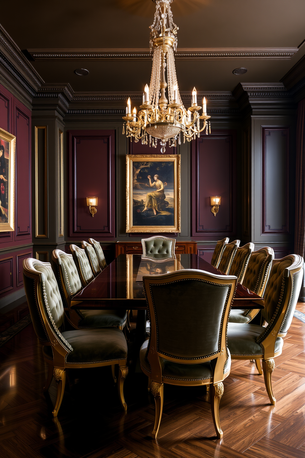 Luxurious velvet upholstered dining chairs in a grand dining room setting. The chairs feature intricate gold detailing and are arranged around a long, elegant wooden table with a glossy finish. The walls are adorned with rich, deep colors and framed artwork that complements the luxurious theme. A stunning chandelier hangs from the ceiling, casting a warm glow over the space, enhancing the opulent atmosphere.