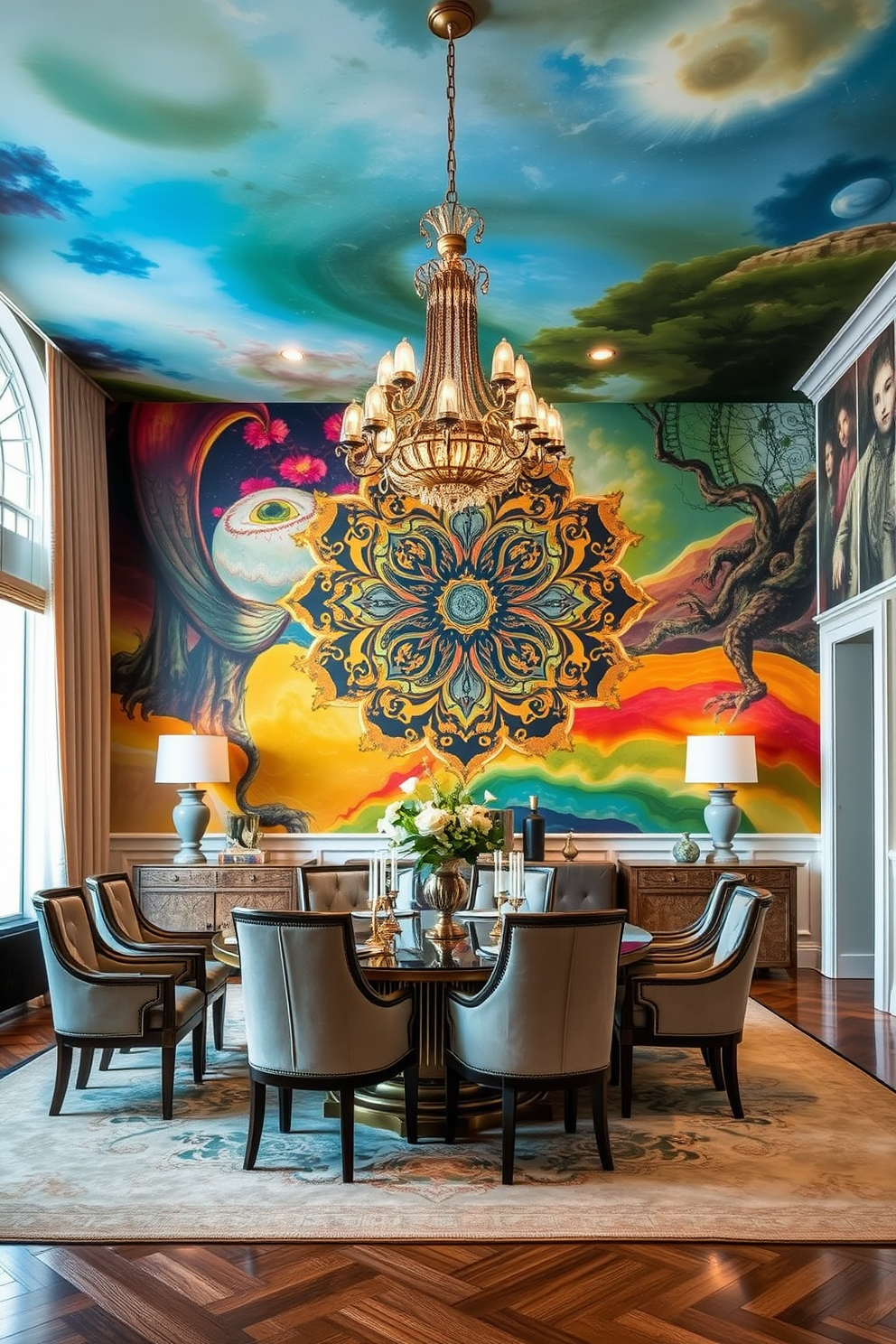 Artistic wall murals that transform a space into a visual masterpiece. Bold colors and intricate designs create a stunning focal point that enhances the overall ambiance. Luxury dining room design ideas that exude elegance and sophistication. A grand table surrounded by plush chairs, complemented by exquisite lighting fixtures and tasteful decor elements.