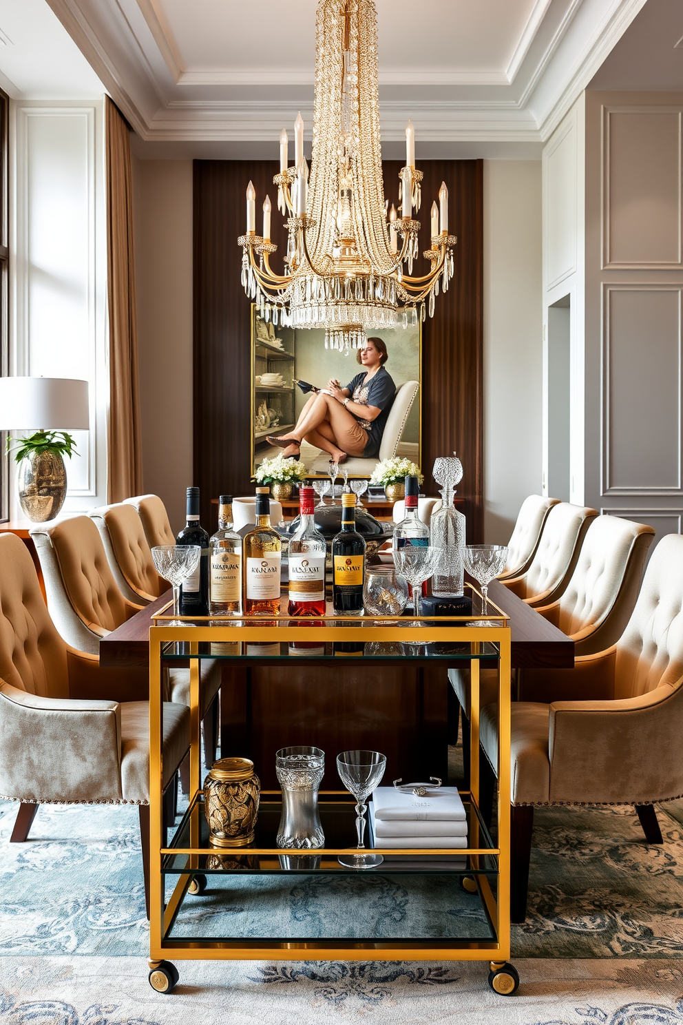 A stylish bar cart for entertaining guests. The cart features a sleek gold frame with glass shelves, elegantly displaying an array of premium spirits and crystal glassware. Luxury dining room design ideas. The space includes a grand wooden table surrounded by plush upholstered chairs, with a stunning chandelier hanging overhead to create an inviting ambiance.