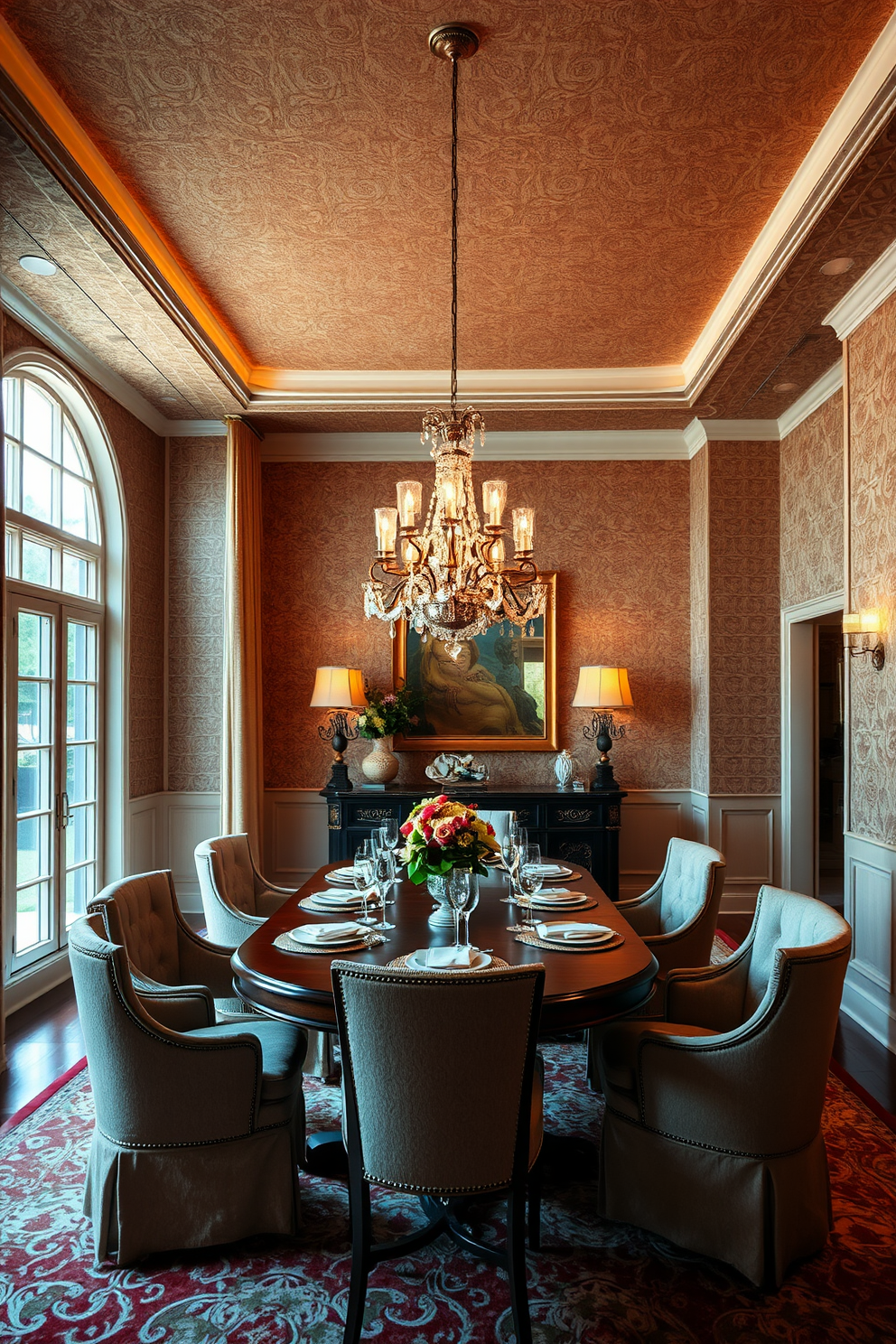 A luxurious dining room featuring textured wallpaper that adds depth and sophistication to the space. The room is adorned with an elegant wooden dining table surrounded by plush upholstered chairs, complemented by a stunning chandelier overhead. Rich colors and intricate patterns in the wallpaper create a warm and inviting atmosphere. Large windows allow natural light to flood the room, highlighting the exquisite table setting and decorative elements.