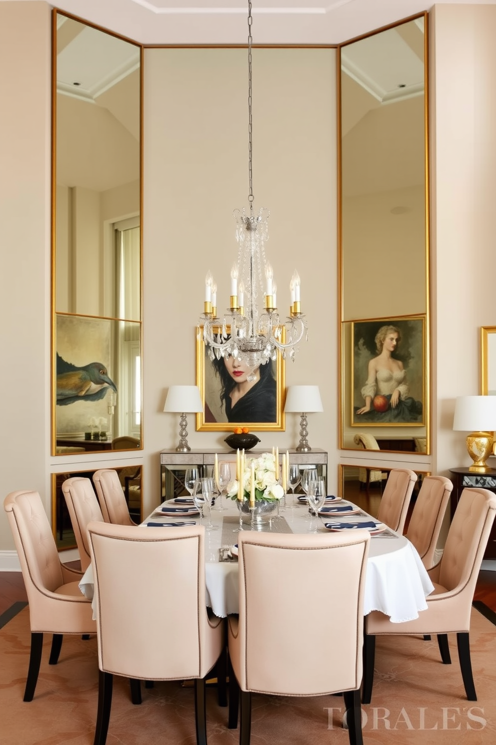 Oversized mirrors reflect light and create an illusion of a larger space. The dining room features an elegant table set for eight, surrounded by plush upholstered chairs. The walls are adorned with tasteful artwork that complements the overall color scheme. A stunning chandelier hangs above the table, adding a touch of glamour to the ambiance.