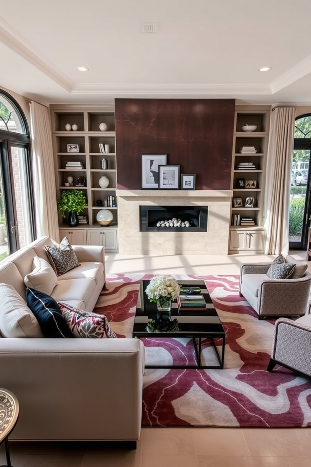 A luxury family room featuring a cohesive color scheme that blends soft neutrals with rich jewel tones. The space includes a plush sectional sofa adorned with decorative pillows, complemented by a sleek coffee table and a statement area rug that ties the colors together. Large windows allow natural light to flood the room, highlighting the elegant drapes that frame them. A modern fireplace serves as a focal point, surrounded by built-in shelves displaying curated decor and family photos.