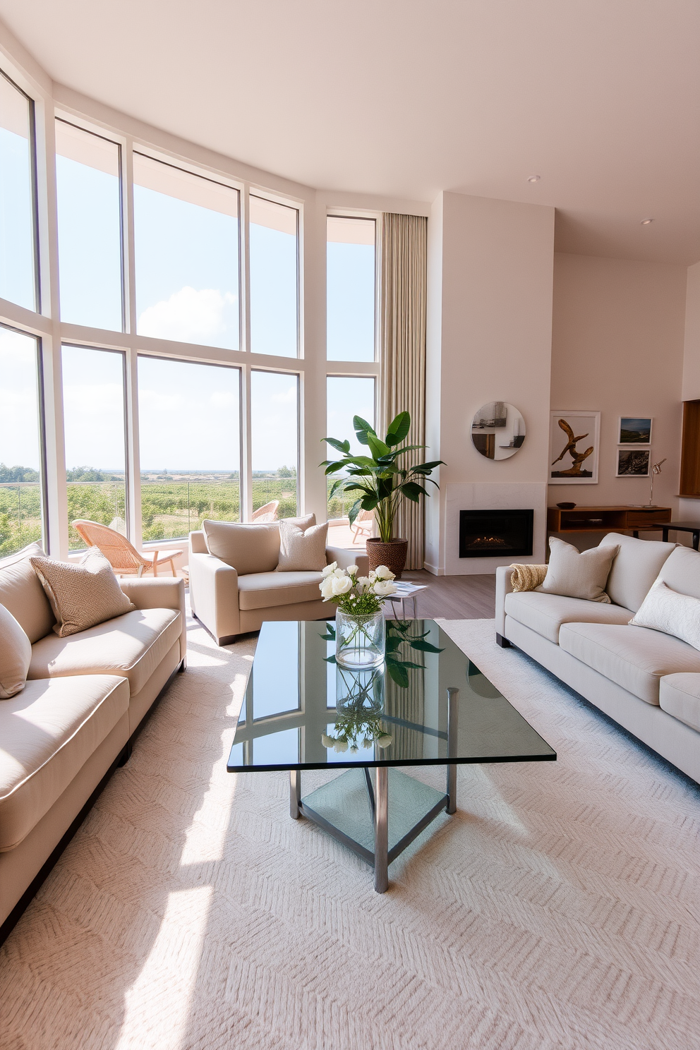 A spacious family room with an airy feel featuring a sleek glass coffee table at the center. The room is adorned with plush sofas in soft neutral tones and large windows that allow natural light to flood in.