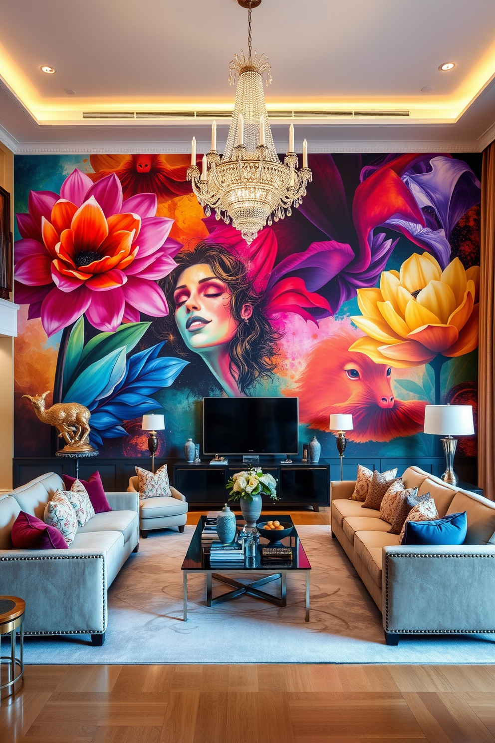 Artistic wall murals create a stunning focal point in a luxury family room. The walls are adorned with vibrant, oversized artwork that complements the room's color palette. The family room features plush seating arrangements with a mix of contemporary and classic furniture. A grand chandelier hangs from the ceiling, illuminating the space and enhancing the artistic ambiance.