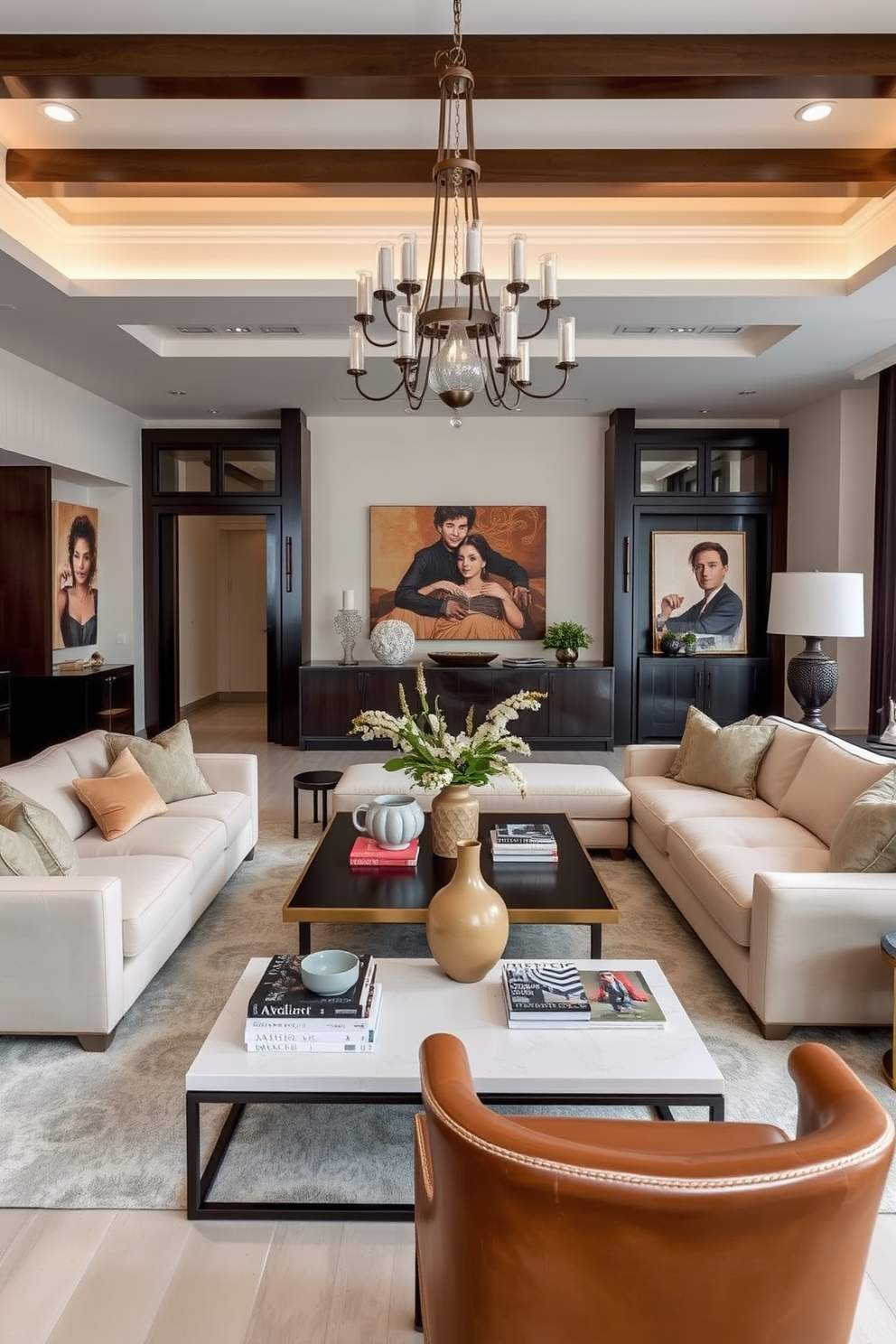 A luxury family room featuring a blend of modern and vintage furniture. The space includes a plush sectional sofa in a neutral tone paired with a vintage leather armchair, creating a cozy yet stylish atmosphere. A sleek coffee table sits in the center, surrounded by decorative books and a statement vase. The walls are adorned with contemporary art pieces, while a classic chandelier adds an elegant touch to the room.