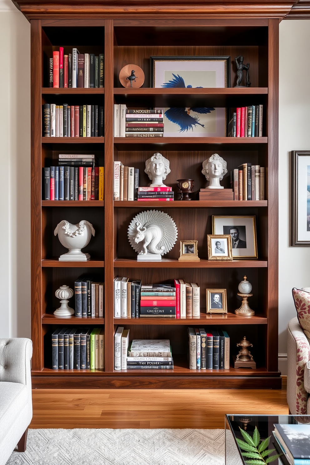 A beautifully curated bookshelf displays an array of books and decorative items in a luxury family room. The shelves are crafted from rich wood and are adorned with elegant accessories, including sculptures and framed photographs.