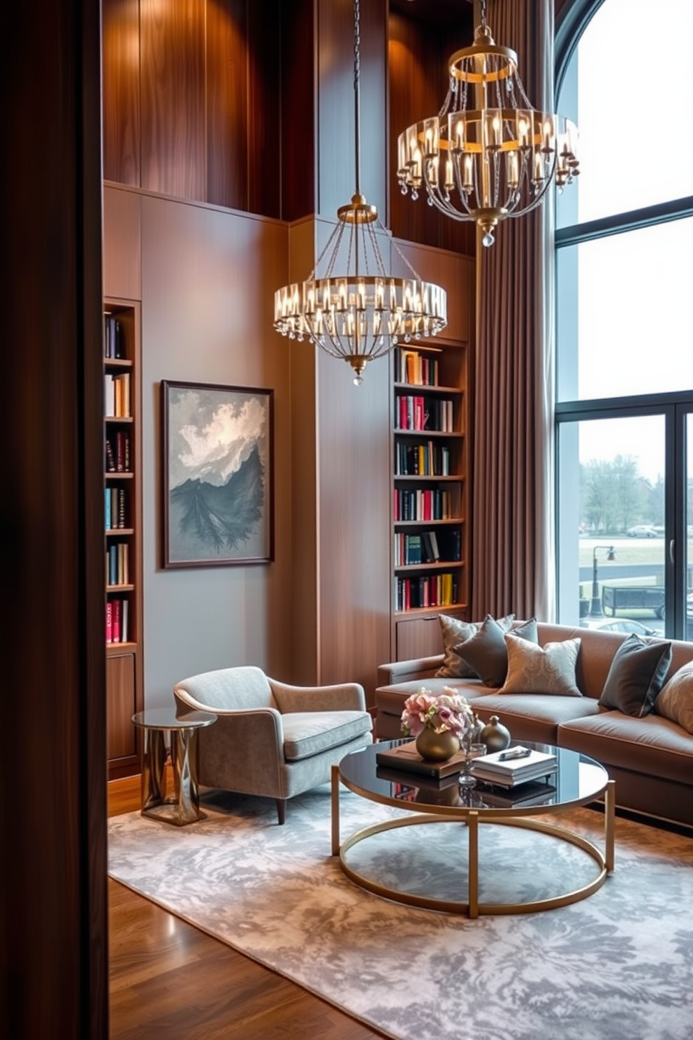 Cozy reading nook with plush chair. A soft armchair is positioned by a large window, surrounded by built-in bookshelves filled with colorful books. Luxury family room design ideas. The space features a grand sectional sofa, an elegant coffee table, and a statement chandelier that enhances the warm ambiance.