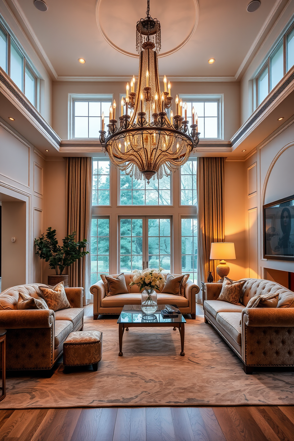 A stunning luxury family room featuring a statement chandelier as the focal point. The room is adorned with plush sofas in rich fabrics, complemented by an elegant coffee table at the center. Warm lighting creates a cozy ambiance, while large windows allow natural light to fill the space. The walls are painted in a soft neutral tone, enhancing the luxurious feel of the room.