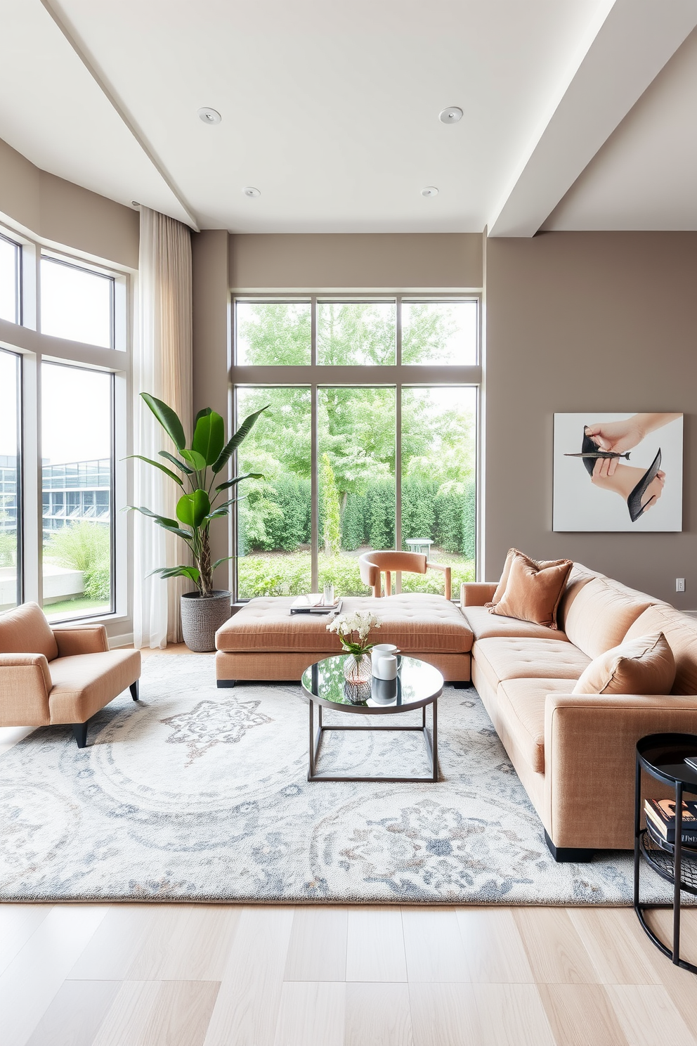 A luxury family room that seamlessly blends comfort and style. The space features a plush sectional sofa in a rich fabric, complemented by an oversized area rug in neutral tones. In one corner, a tall indoor plant adds a touch of greenery and freshness to the room. Large windows allow natural light to flood the space, enhancing the inviting atmosphere.