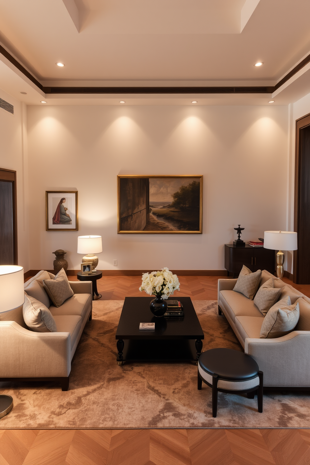 A luxury family room adorned with soft ambient lighting creates a warm and inviting atmosphere. Plush sofas in muted tones surround a sleek coffee table, while elegant floor lamps provide gentle illumination. The walls are painted in a soft beige, complemented by rich wooden accents throughout the space. A large area rug anchors the seating area, and tasteful artwork adorns the walls, adding character and sophistication.