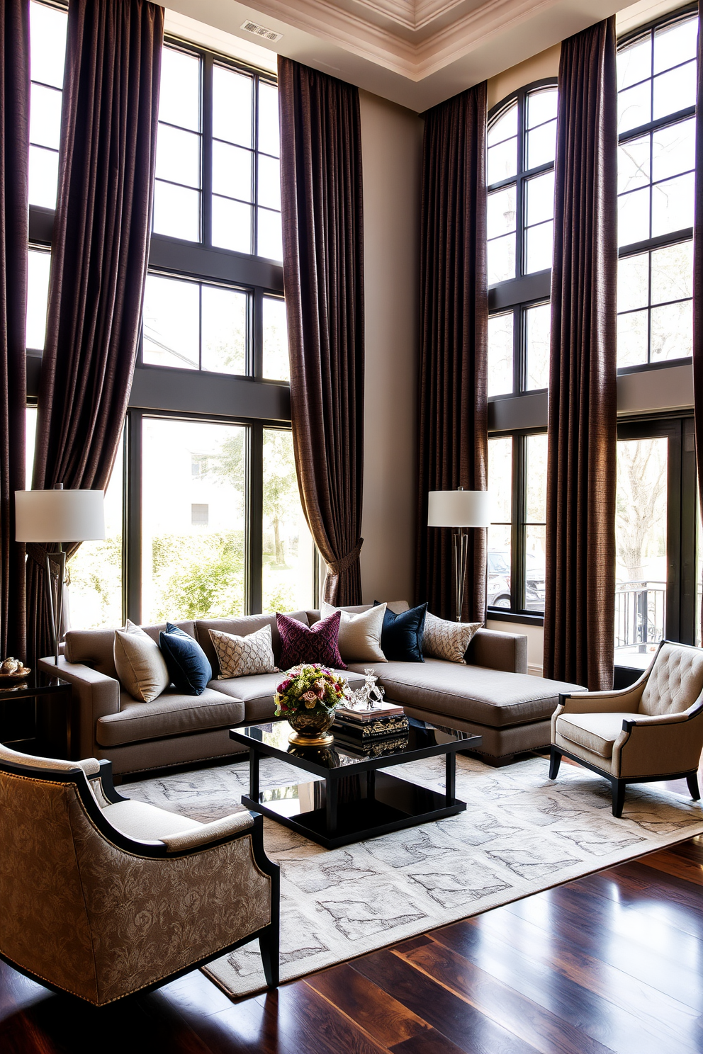 A luxury family room features floor-to-ceiling curtains that frame large windows, allowing natural light to flood the space. The curtains are made of rich, textured fabric in a deep jewel tone, adding a touch of opulence to the room. The seating arrangement includes a plush sectional sofa adorned with decorative pillows and a stylish coffee table at the center. Elegant accent chairs are placed nearby, creating a cozy yet sophisticated atmosphere for family gatherings.