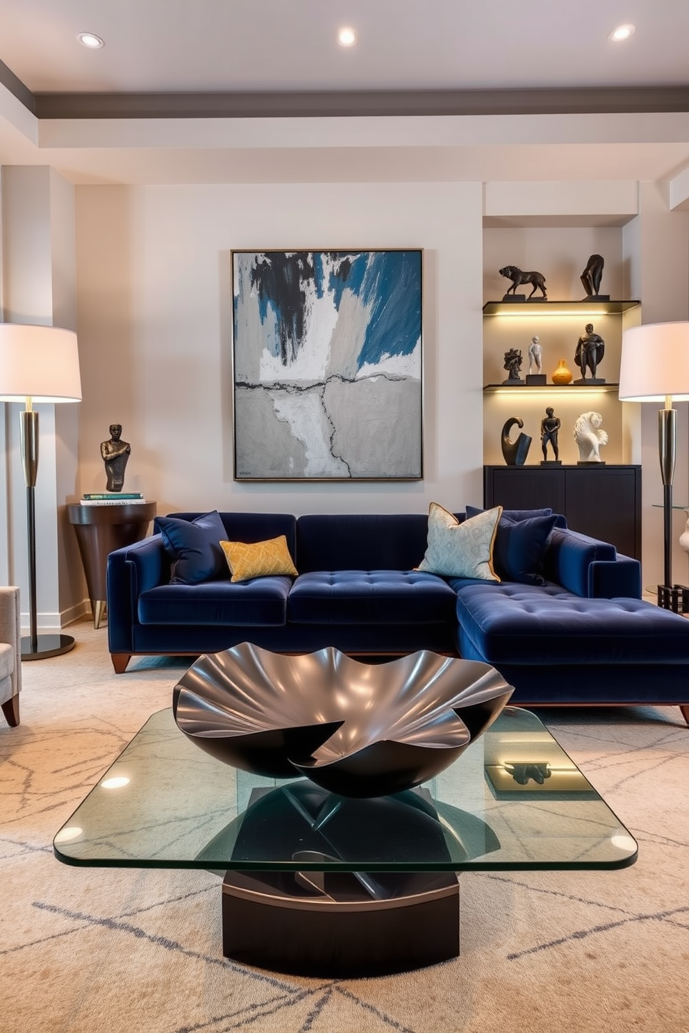 A luxury family room with unique sculptures as conversation starters. The space features a plush sectional sofa in a rich navy fabric, complemented by a large abstract painting on the wall. In the center, a striking sculptural coffee table made of glass and metal draws the eye. Warm lighting from elegant floor lamps enhances the inviting atmosphere, while a curated selection of sculptures is displayed on sleek shelves.