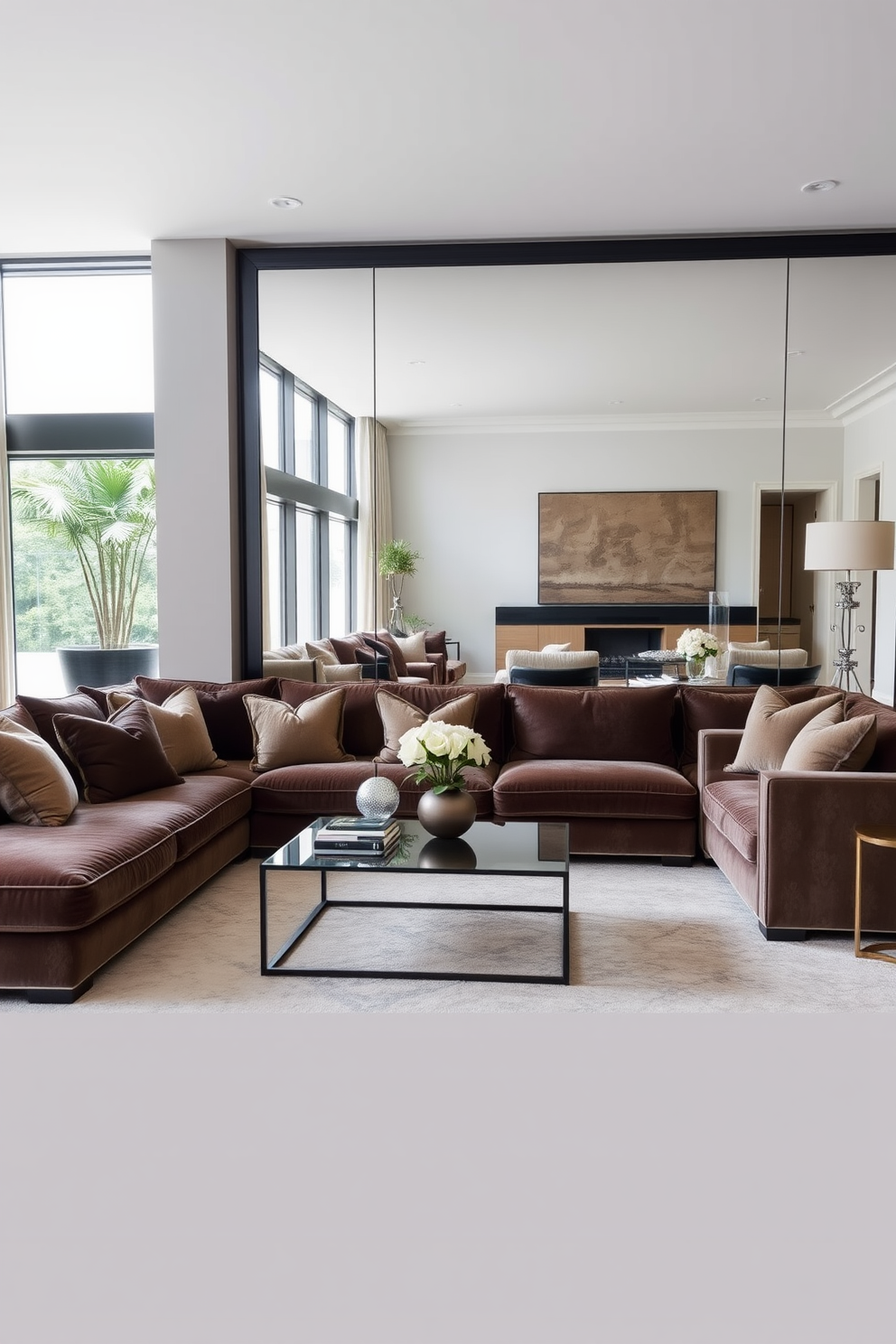 A luxury family room designed for comfort and style. The space features a plush sectional sofa in a rich fabric, complemented by oversized cushions and a sleek coffee table. Creative use of mirrors enhances the room's spaciousness. A large floor-to-ceiling mirror is positioned opposite a window, reflecting natural light and creating an airy atmosphere.