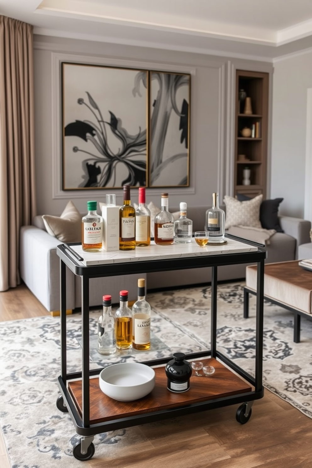 A sophisticated bar cart for entertaining. The cart features a sleek black frame with gold accents, a marble top, and an array of premium spirits displayed elegantly on the shelves. Luxury family room design ideas. The space includes a plush sectional sofa in a soft gray fabric, a large area rug with intricate patterns, and a statement coffee table made of reclaimed wood.