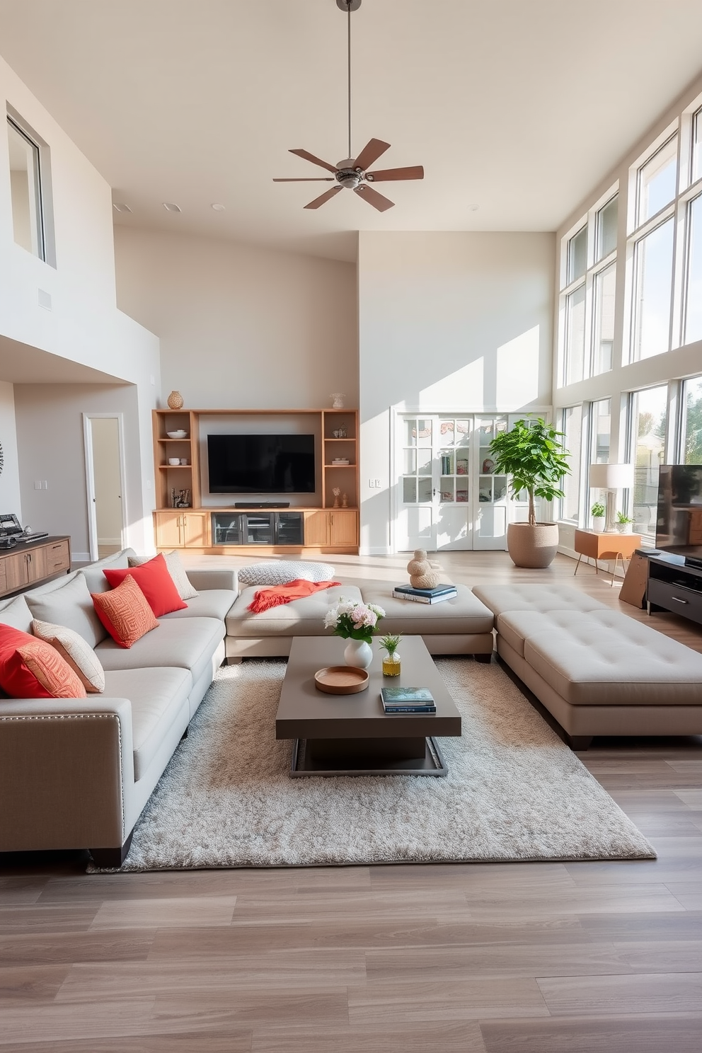 A spacious open layout that encourages family interaction features a large sectional sofa in a neutral tone, complemented by colorful throw pillows for added warmth. A sleek coffee table sits in the center, surrounded by a soft area rug that defines the seating area. Natural light floods the room through expansive windows, highlighting the elegant decor and family-friendly elements. A media console against one wall houses a large television, while built-in shelves display family photos and cherished mementos.