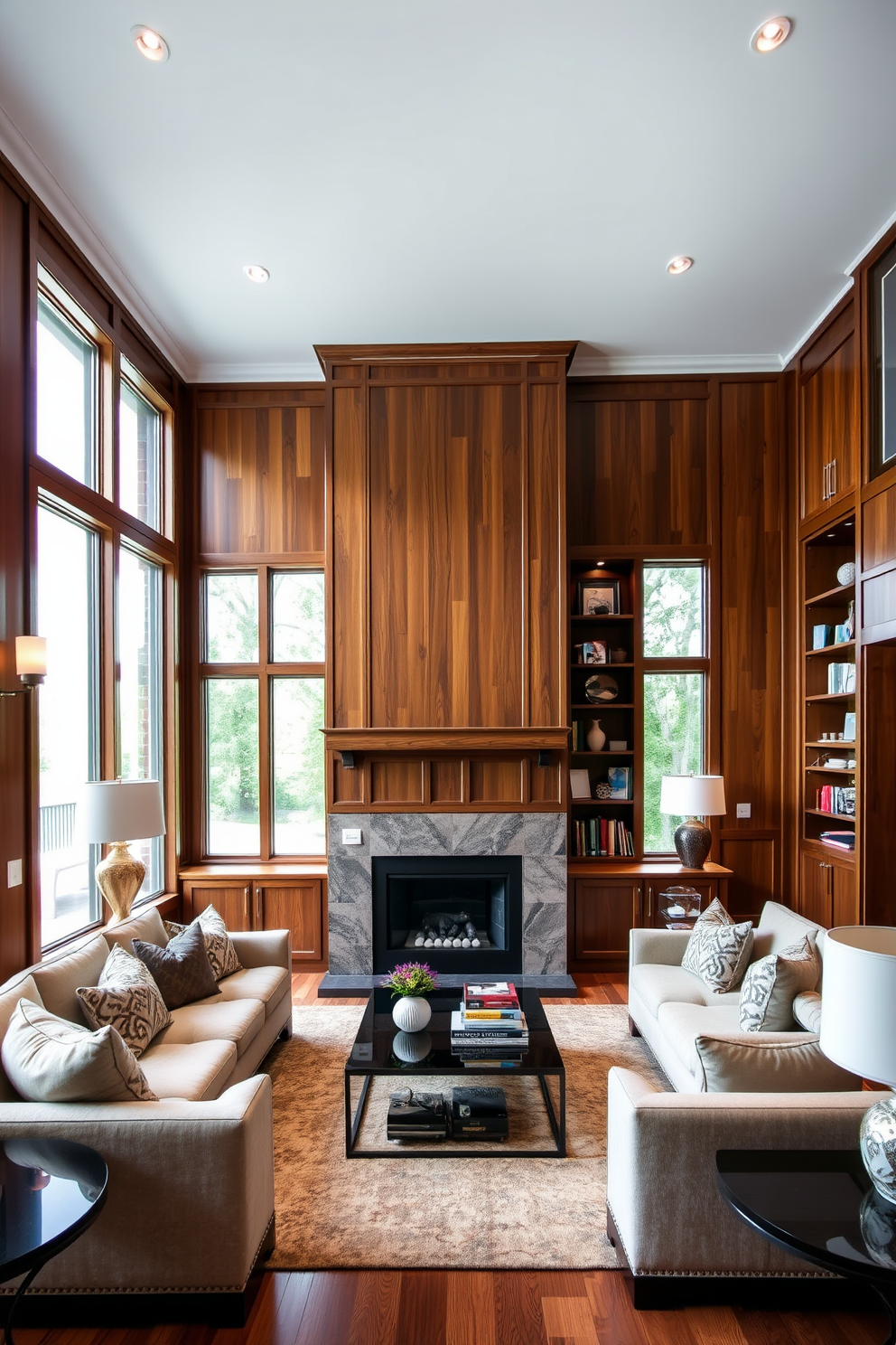 Rich wood paneling creates a warm and inviting atmosphere in the family room. Plush seating arrangements with soft fabrics complement the wood, while large windows allow natural light to flood the space. A statement fireplace serves as the focal point, surrounded by elegant built-in shelves displaying books and decorative items. Layered lighting, including recessed fixtures and stylish floor lamps, enhances the cozy ambiance.