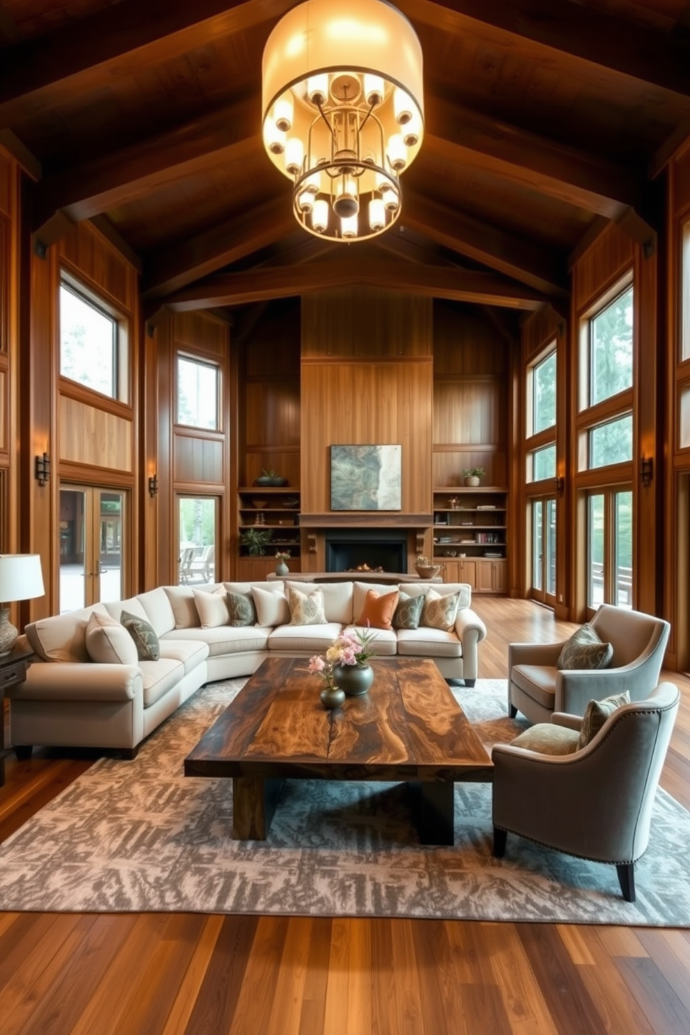 Warm wood tones create an inviting atmosphere in this luxury family room. The space features a large, plush sectional sofa in a rich beige fabric, complemented by a pair of elegant armchairs upholstered in soft gray. A stunning coffee table made of reclaimed wood sits at the center, surrounded by a cozy area rug with subtle geometric patterns. Floor-to-ceiling windows allow natural light to flood the room, highlighting the warm tones of the wooden beams and built-in shelves. Decorative throw pillows in earthy hues add comfort and style to the seating area. A statement chandelier with warm lighting hangs above, enhancing the room's inviting ambiance.