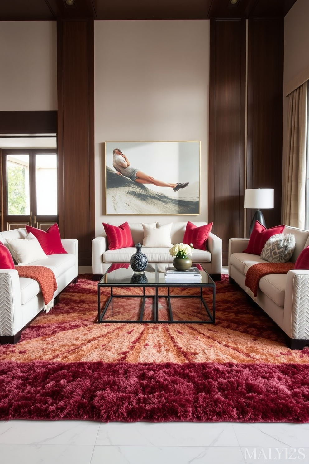 A luxury family room featuring layered rugs that add texture and comfort to the space. The room is adorned with plush sofas in neutral tones, complemented by vibrant accent pillows and a stylish coffee table at the center.