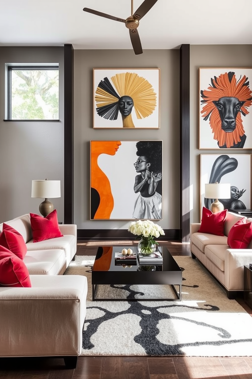 A luxury family room featuring a neutral color palette complemented by bold artwork on the walls. The space includes a plush sectional sofa in soft beige, paired with vibrant throw pillows that add a pop of color. A modern coffee table sits at the center, surrounded by a stylish area rug that ties the room together. Large windows allow natural light to flood in, highlighting the striking art pieces and creating an inviting atmosphere.