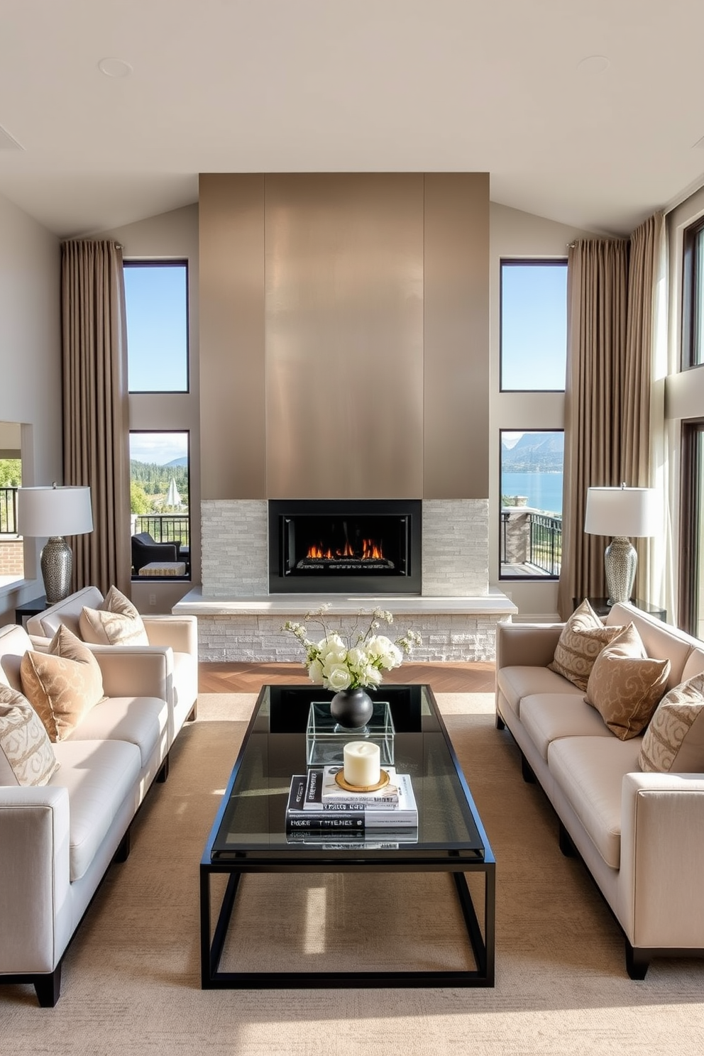 A sleek fireplace is the focal point of the luxury family room, surrounded by a contemporary stone or metal finish that enhances its modern aesthetic. Plush seating arrangements in neutral tones are strategically placed to promote conversation and comfort, complemented by elegant accent pillows. Large windows allow natural light to flood the space, showcasing a stunning view while soft drapes add a touch of sophistication. A stylish coffee table sits in the center, adorned with decorative books and a chic centerpiece, creating an inviting atmosphere for family gatherings.