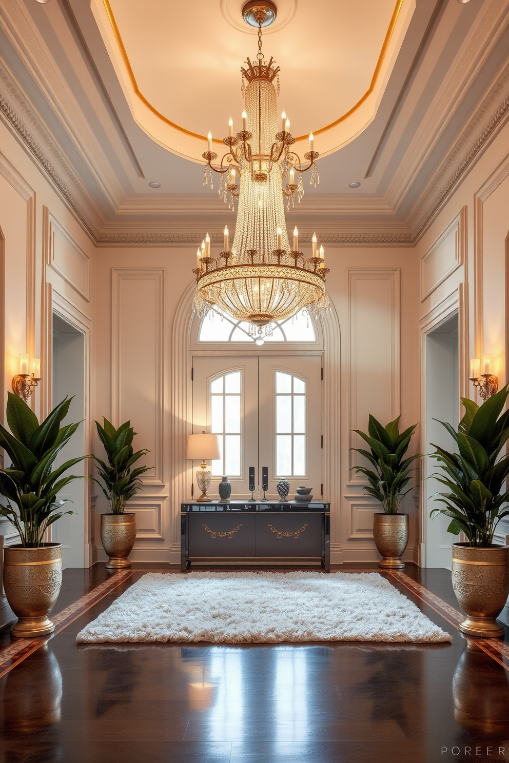 A stunning chandelier hangs gracefully in the center of the foyer, casting a warm glow that enhances the elegance of the space. The walls are adorned with intricate moldings, and a plush area rug adds a touch of comfort underfoot. Flanking the entrance, tall potted plants bring a sense of life and vibrancy to the design. A sleek console table with decorative accents invites guests into this luxurious setting.