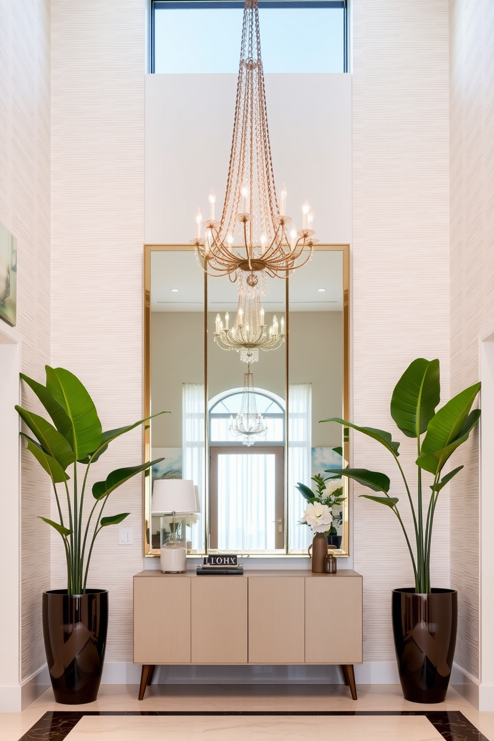 A luxury foyer featuring an elegant chandelier hanging from a high ceiling. The entrance is framed by tall potted plants that bring a touch of natural greenery to the space. The walls are adorned with textured wallpaper in soft neutral tones, complemented by a sleek console table. A large mirror above the console reflects the light, enhancing the airy feel of the foyer.