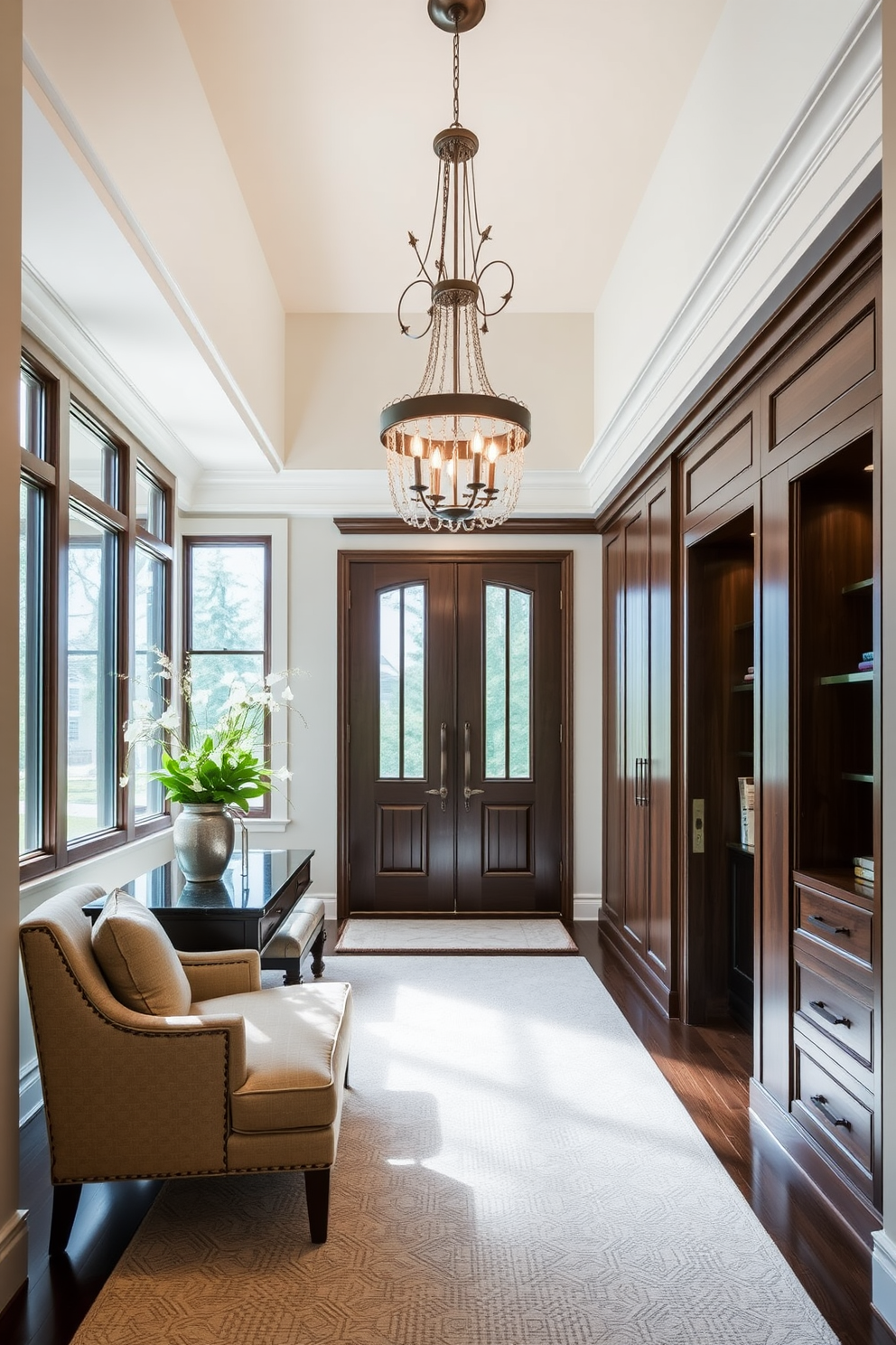 A luxury foyer featuring custom built-in storage solutions. The space is adorned with elegant cabinetry that seamlessly blends with the walls, providing both functionality and style. Natural light floods the area through large windows, highlighting the rich textures of the furnishings. A statement chandelier hangs from the ceiling, enhancing the grandeur of the entrance.