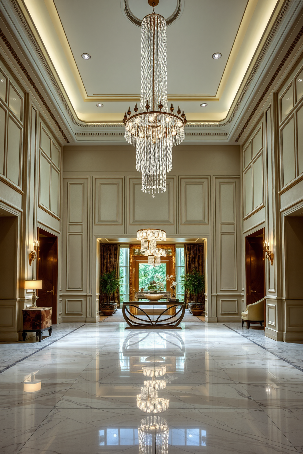 A grand foyer featuring a stunning chandelier made of crystal and gold that cascades down from the high ceiling. The walls are adorned with elegant wainscoting and the floor is covered with a polished marble that reflects the light beautifully. Incorporate unique light fixtures such as sculptural pendant lights that create a focal point above a sleek console table. The space is accented with plush seating and rich textiles that invite guests into a warm and luxurious atmosphere.