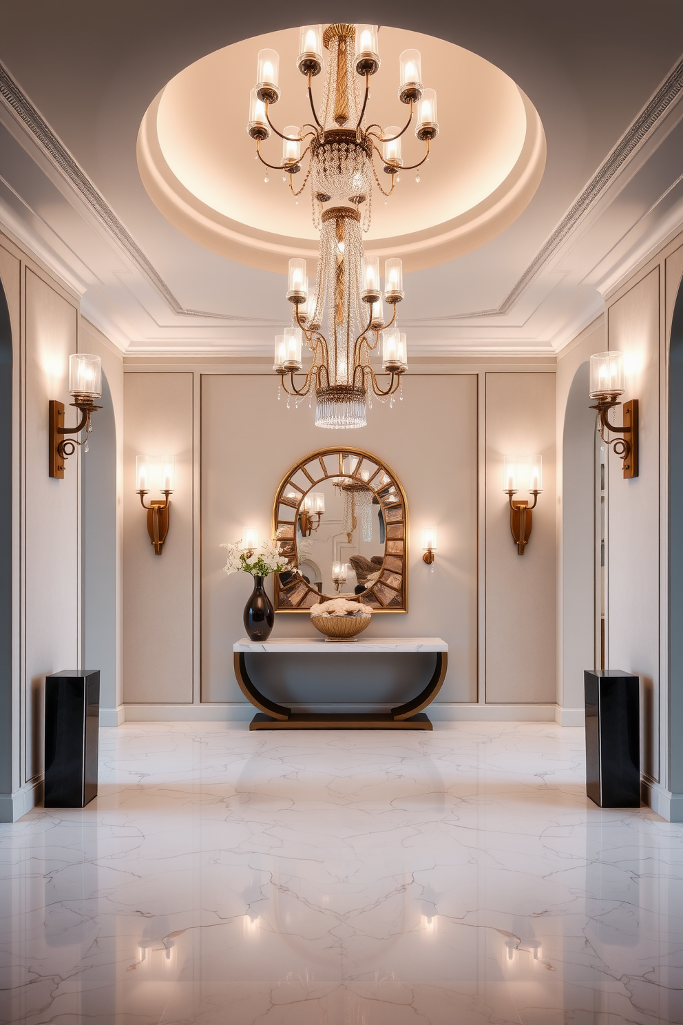 A luxurious foyer featuring elegant artistic wall sconces that provide soft ambient lighting. The space is adorned with a grand chandelier above a polished marble floor, complemented by a statement console table against the wall.