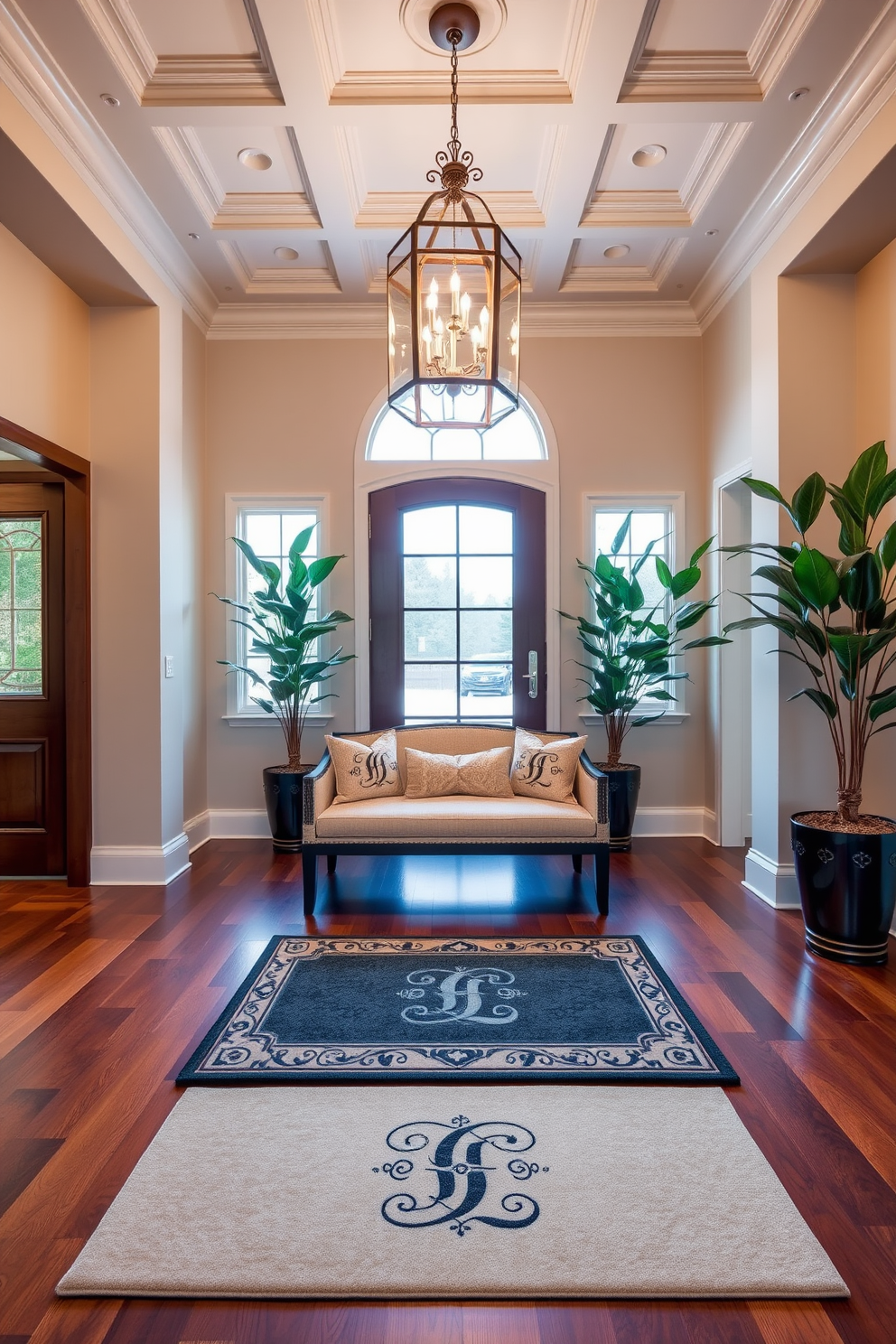 A luxurious foyer setting welcomes guests with a personalized welcome mat that features an elegant monogram. The space is adorned with a statement chandelier hanging from a coffered ceiling, while rich hardwood floors provide warmth and sophistication. Flanking the entrance, tall potted plants add a touch of greenery, enhancing the inviting atmosphere. A plush bench with decorative pillows rests against the wall, creating a perfect spot for guests to sit and remove their shoes.