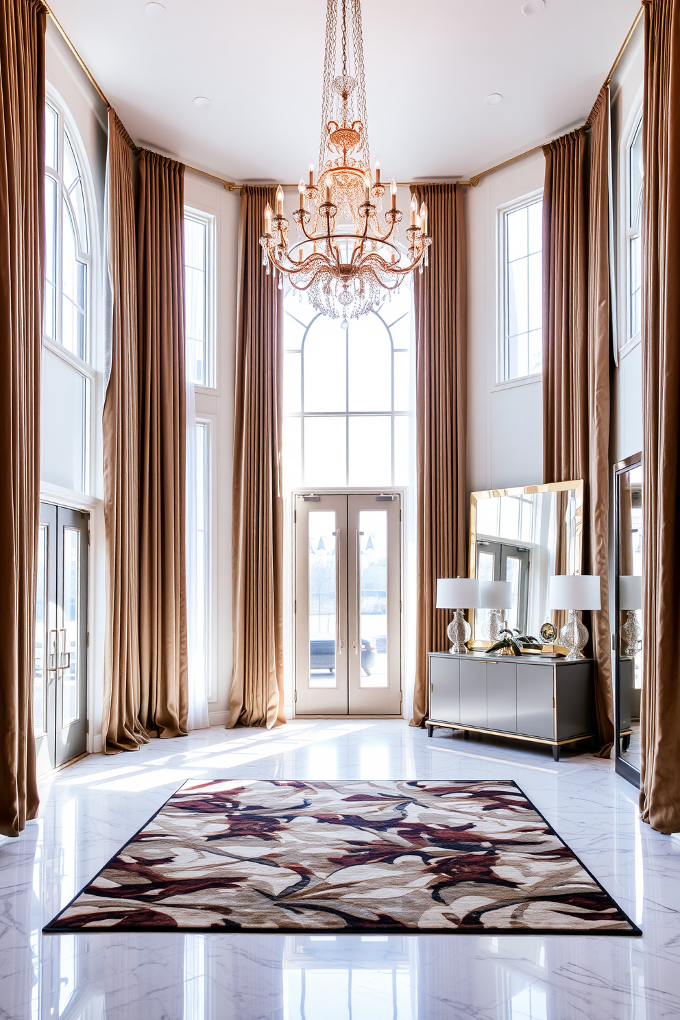 Elegant drapes frame the tall entryway windows, cascading down in rich fabric that complements the overall decor. A grand chandelier hangs from the ceiling, illuminating the space with a warm glow that invites guests inside. The foyer features a polished marble floor, with a stunning area rug that adds a touch of color and texture. A sleek console table against the wall displays decorative accents and a large mirror that enhances the sense of space.