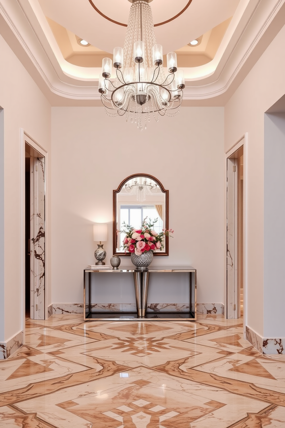 Elegant marble flooring with intricate patterns creates an inviting atmosphere in the foyer. The space is adorned with a grand chandelier that casts a warm glow over the area. A sleek console table sits against the wall, topped with decorative items and a mirror that enhances the room's spaciousness. Fresh flowers in a stylish vase add a touch of color and sophistication to the design.