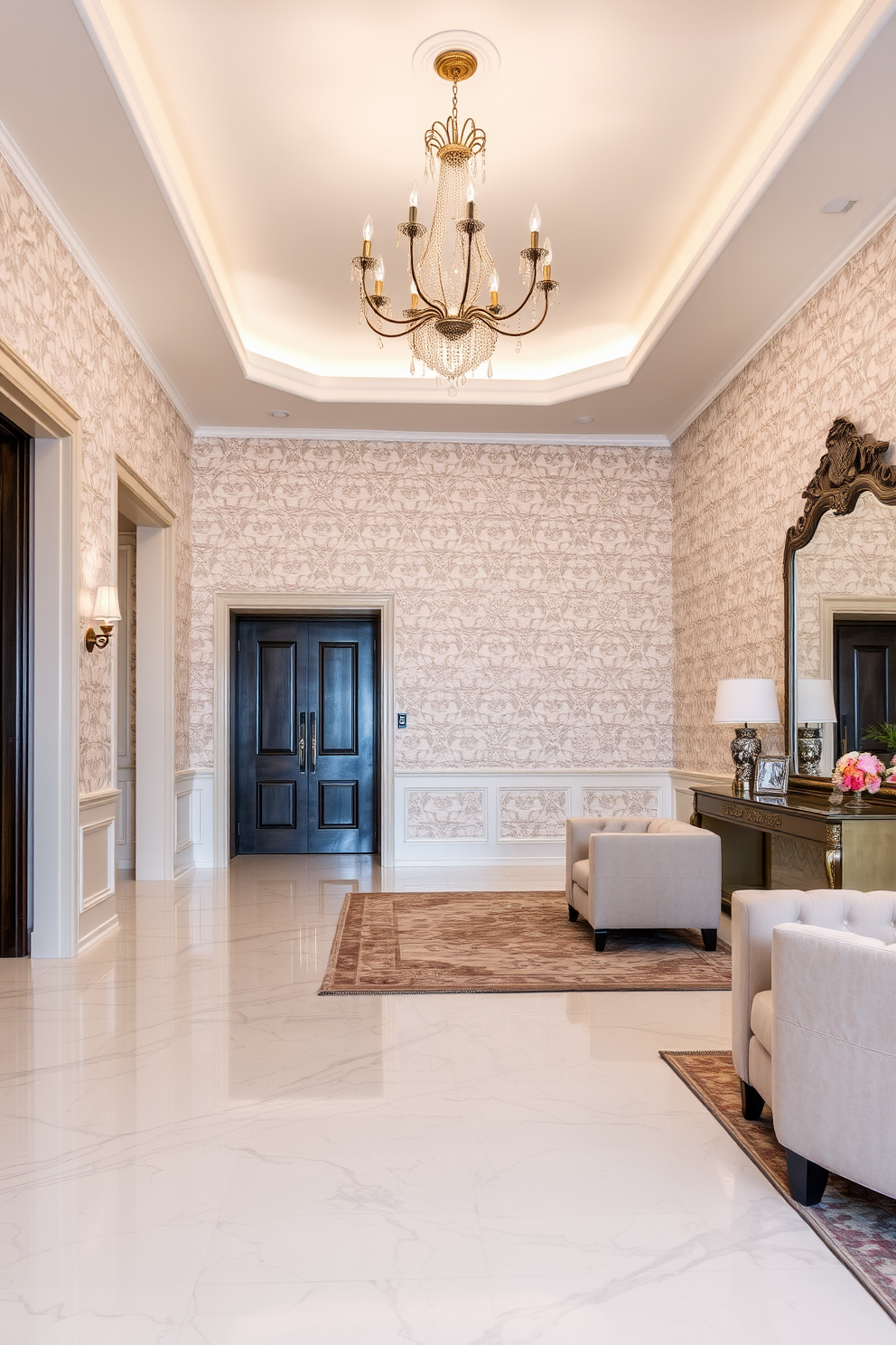 A grand foyer featuring an accent wall adorned with intricate wallpaper showcasing a floral pattern in soft pastels. The flooring is a polished marble with subtle veining, complementing a statement chandelier that hangs elegantly from the ceiling. To the right, a sleek console table holds decorative items and a large mirror with an ornate frame. Plush seating options are arranged to invite guests, with a carefully curated area rug adding warmth to the space.