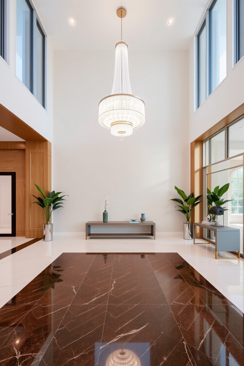 A luxury foyer featuring an open layout that creates a spacious and inviting atmosphere. The entrance showcases a grand chandelier hanging from a high ceiling, illuminating the marble flooring that extends throughout the space. To the side, a sleek console table is adorned with decorative objects and a large mirror that enhances the sense of openness. Large windows allow natural light to flood the area, complemented by elegant potted plants positioned strategically for added warmth.