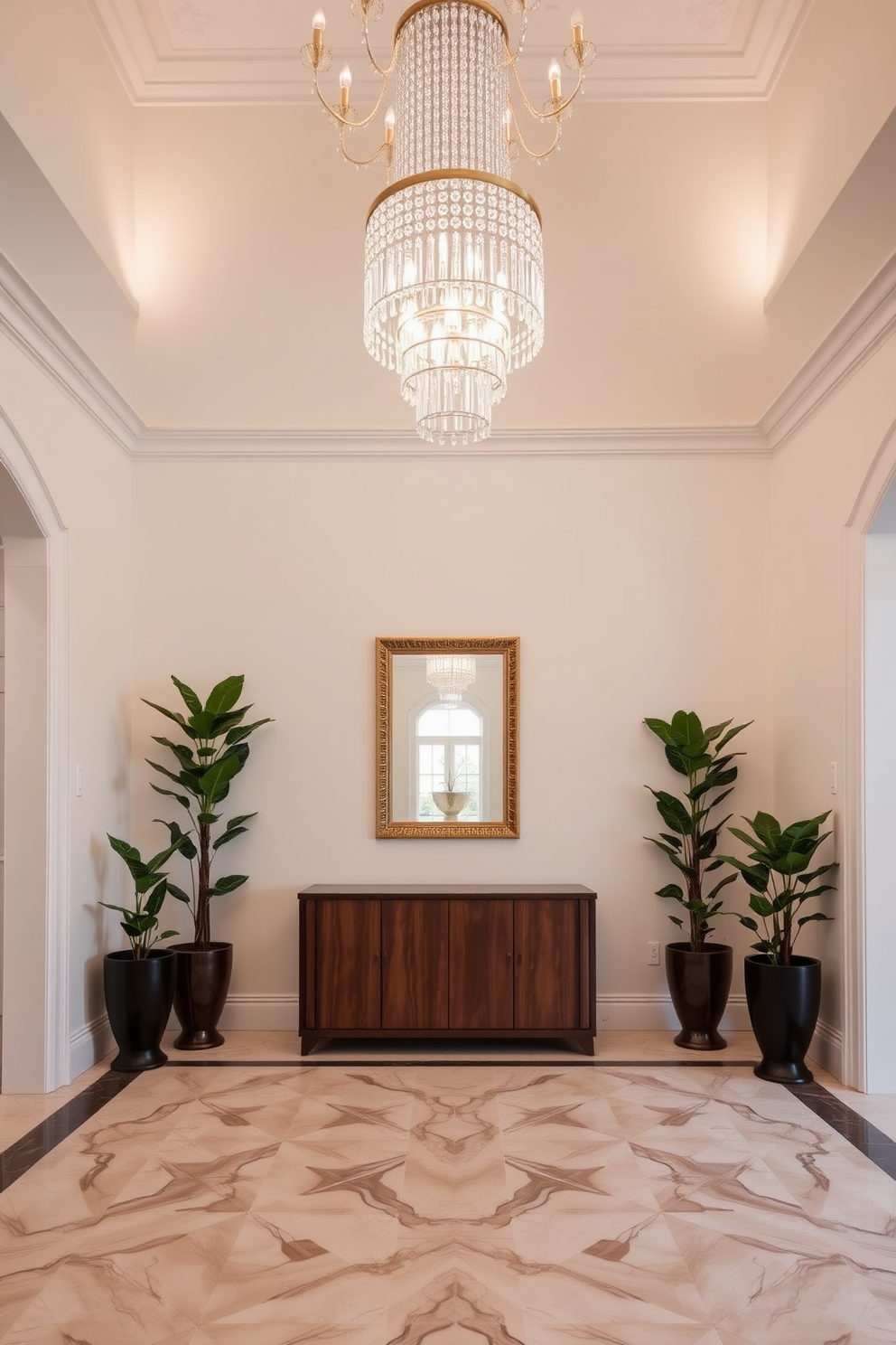 A grand foyer featuring a high ceiling adorned with an elegant chandelier made of crystal and gold accents. The walls are painted in a soft cream color, complemented by a polished marble floor with intricate geometric patterns. A statement console table with a rich mahogany finish sits against one wall, topped with a decorative mirror framed in brass. Flanking the table are two tall potted plants, adding a touch of greenery to the luxurious space.