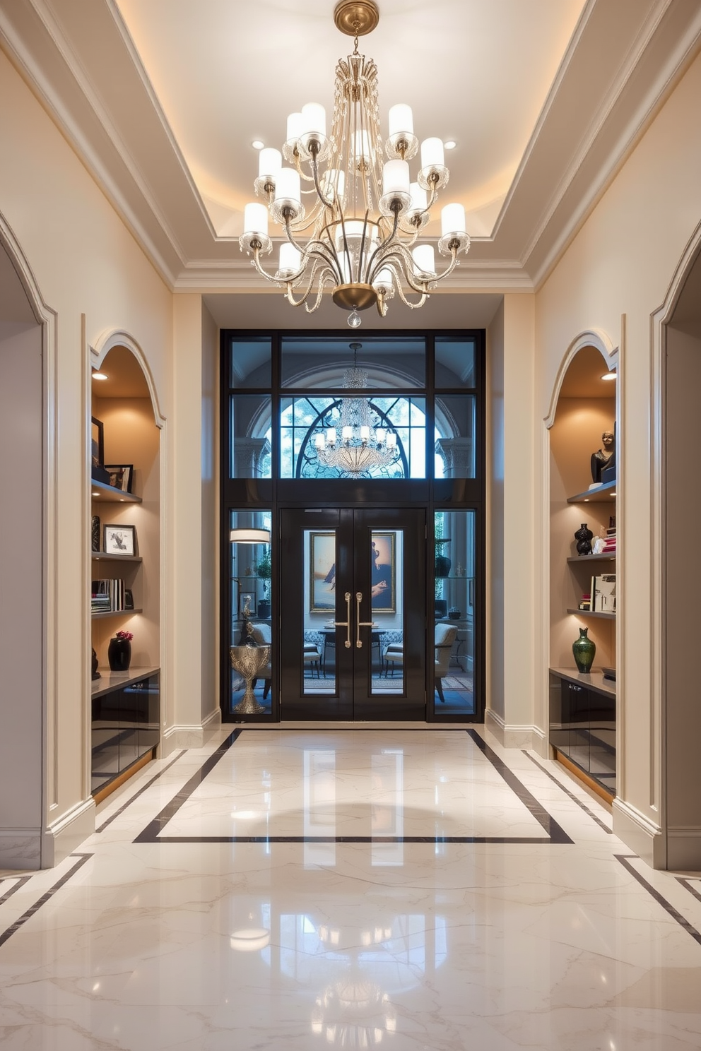 A luxurious foyer featuring elegant niches that showcase curated art pieces and stylish decor. The space is adorned with a grand chandelier that casts a warm glow over the marble flooring, enhancing the sophisticated atmosphere. Flanking the entrance are built-in shelves filled with decorative books and unique sculptures. The walls are painted in a soft cream hue, creating a welcoming ambiance that invites guests into the home.