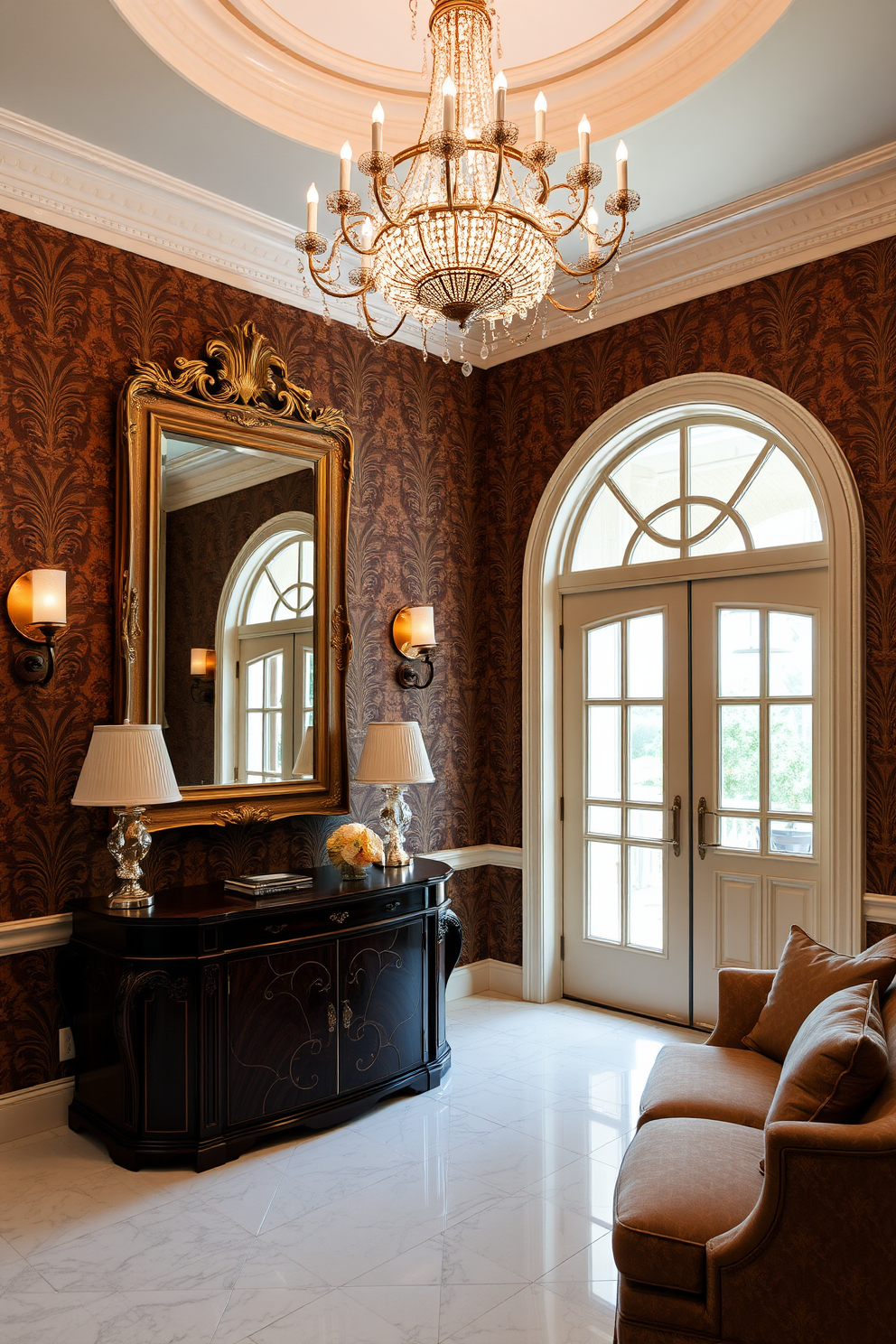 A luxurious foyer featuring a grand entrance with high ceilings and an elegant chandelier that casts a warm glow. The walls are adorned with rich wallpaper in a deep hue, complemented by a stunning console table made of dark wood. A large, ornate mirror hangs above the console table, reflecting the light and enhancing the sense of space. Plush seating in a coordinating fabric is placed to one side, inviting guests to linger in this sophisticated area.