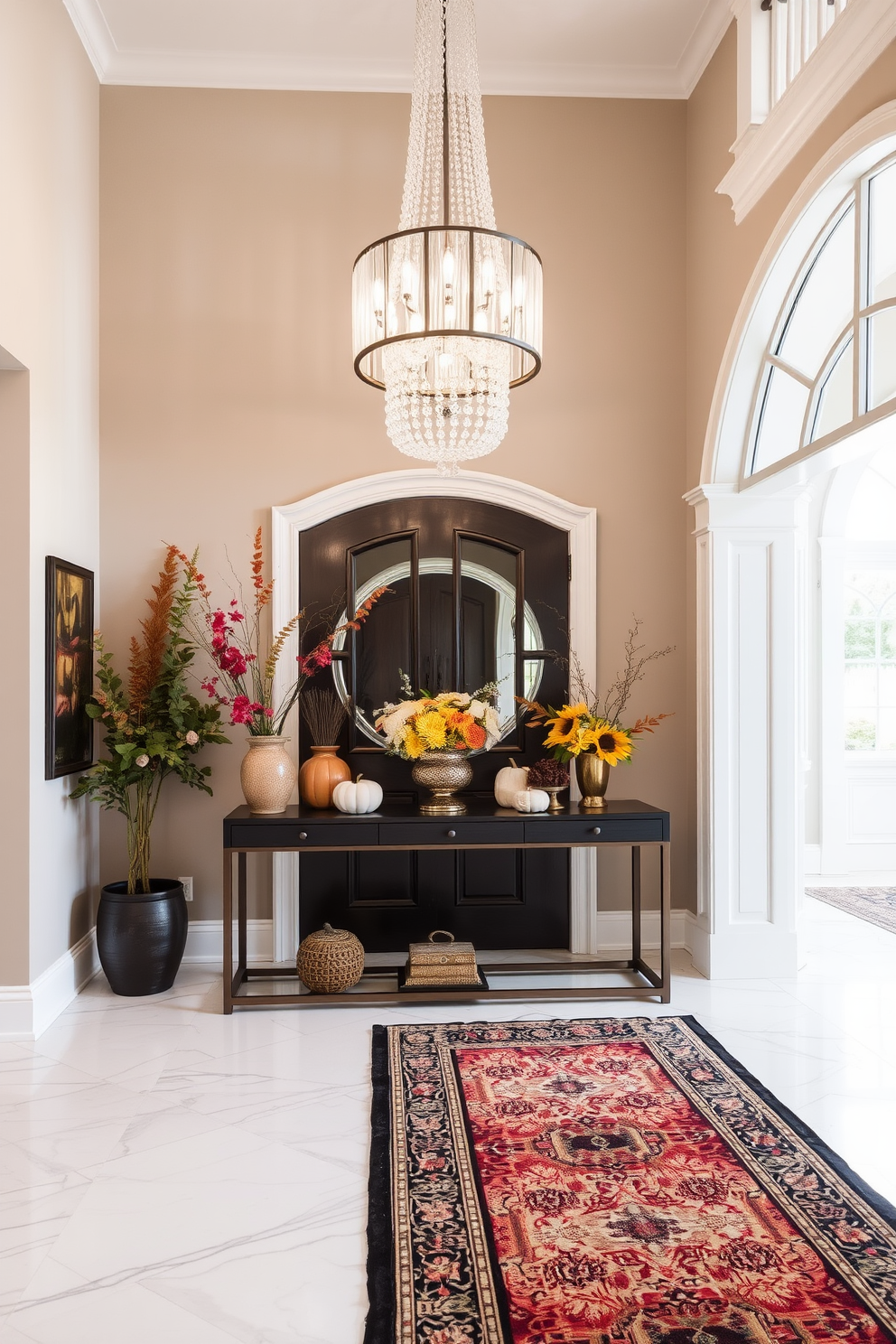 Seasonal decor to refresh entryway. A welcoming entryway features a stylish console table adorned with seasonal decorations like pumpkins in autumn or fresh flowers in spring. Luxury foyer design ideas. The foyer boasts a grand chandelier hanging from a high ceiling, with marble flooring complemented by an elegant runner rug that adds warmth and sophistication.