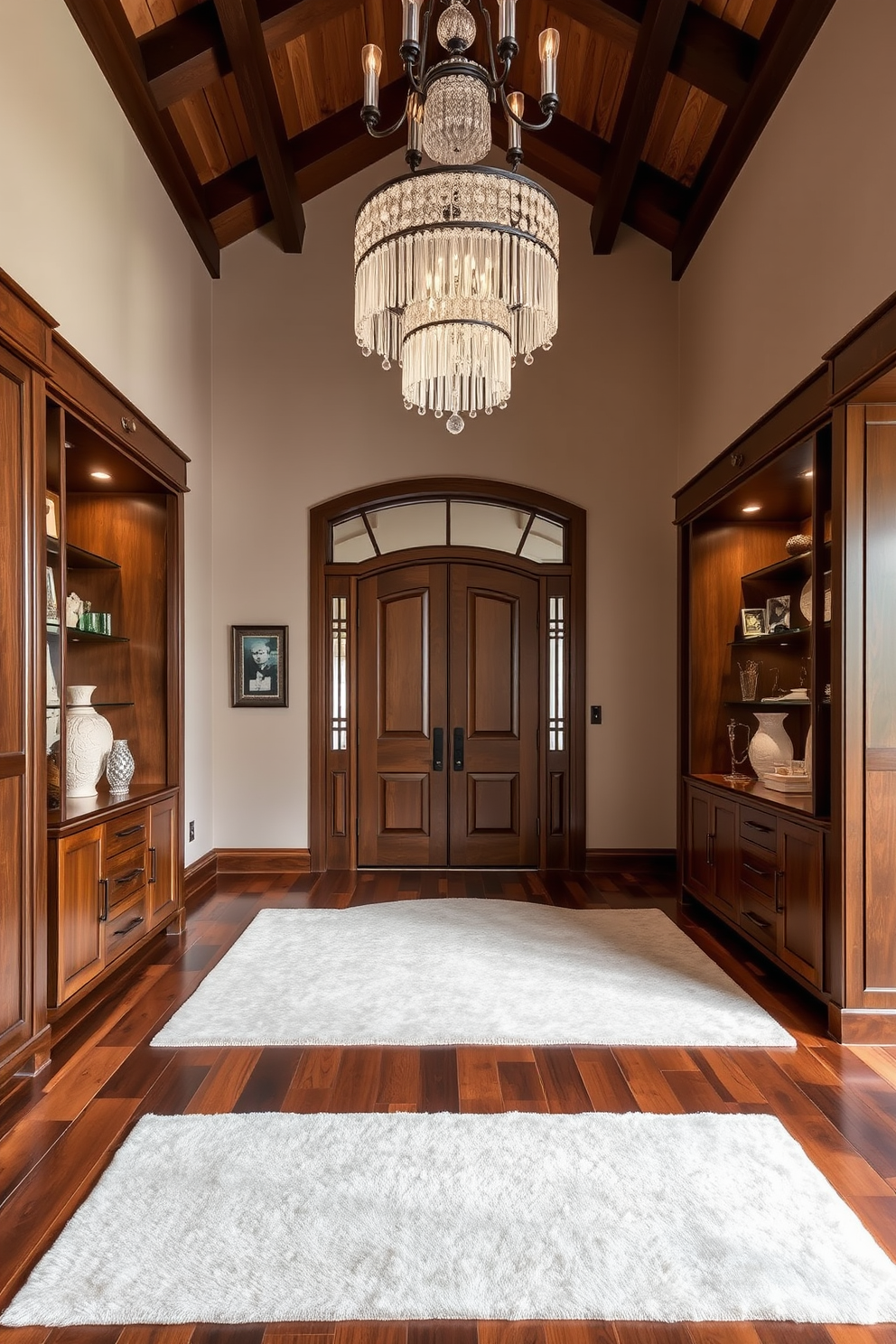 A luxurious foyer featuring artisan crafted elements that showcase uniqueness and attention to detail. The space includes a grand entrance with a high ceiling, adorned with an elegant chandelier made of crystal and wrought iron. Rich wooden flooring contrasts beautifully with a soft area rug that adds warmth and texture. Flanking the entrance, custom-designed cabinets display curated art pieces and decorative accents, enhancing the overall sophistication of the design.