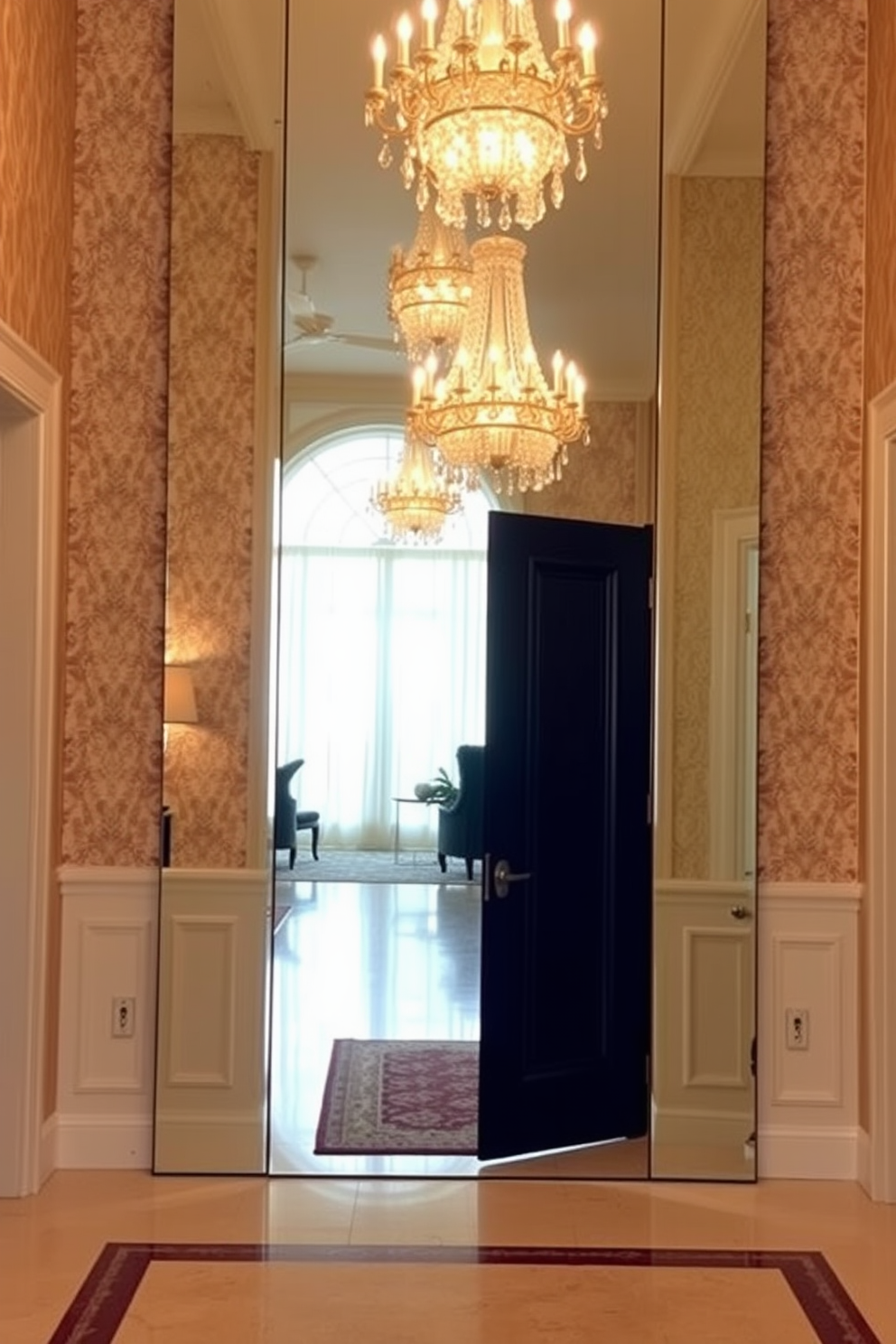 A grand foyer featuring an oversized mirror that reflects light and enhances the sense of space. The walls are adorned with elegant wallpaper, and a stunning chandelier hangs from the ceiling, creating a warm and inviting atmosphere.