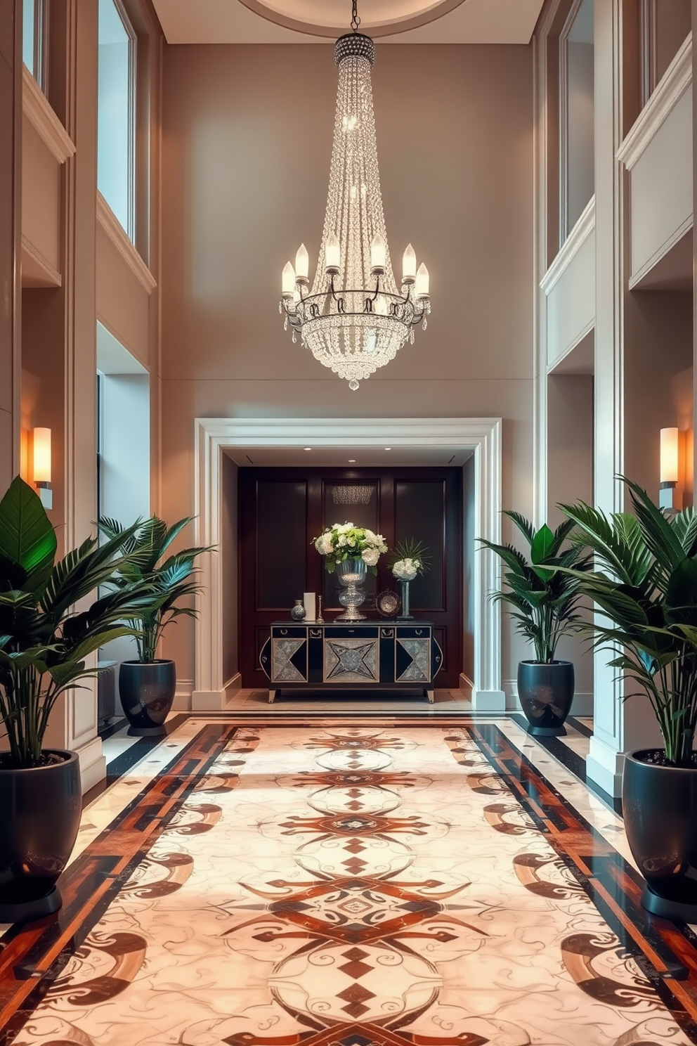 A luxury foyer featuring a grand entrance with high ceilings and an elegant chandelier hanging from above. The floor is adorned with intricate tile designs that create a stunning visual appeal, complemented by a stylish console table against the wall. Flanking the entrance are tall potted plants that add a touch of greenery to the space. Soft, ambient lighting highlights the architectural details, creating an inviting atmosphere for guests.