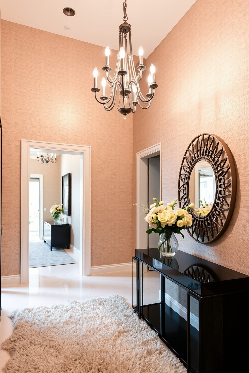 A luxury foyer featuring an elegant chandelier that hangs from a high ceiling, casting a warm glow throughout the space. The walls are adorned with textured wallpaper in a soft neutral tone, complemented by a large decorative mirror that enhances the sense of openness. The foyer includes a plush area rug that defines the entryway, with a stylish console table against one wall. Fresh flowers in a sophisticated vase sit atop the table, adding a touch of color and life to the space.